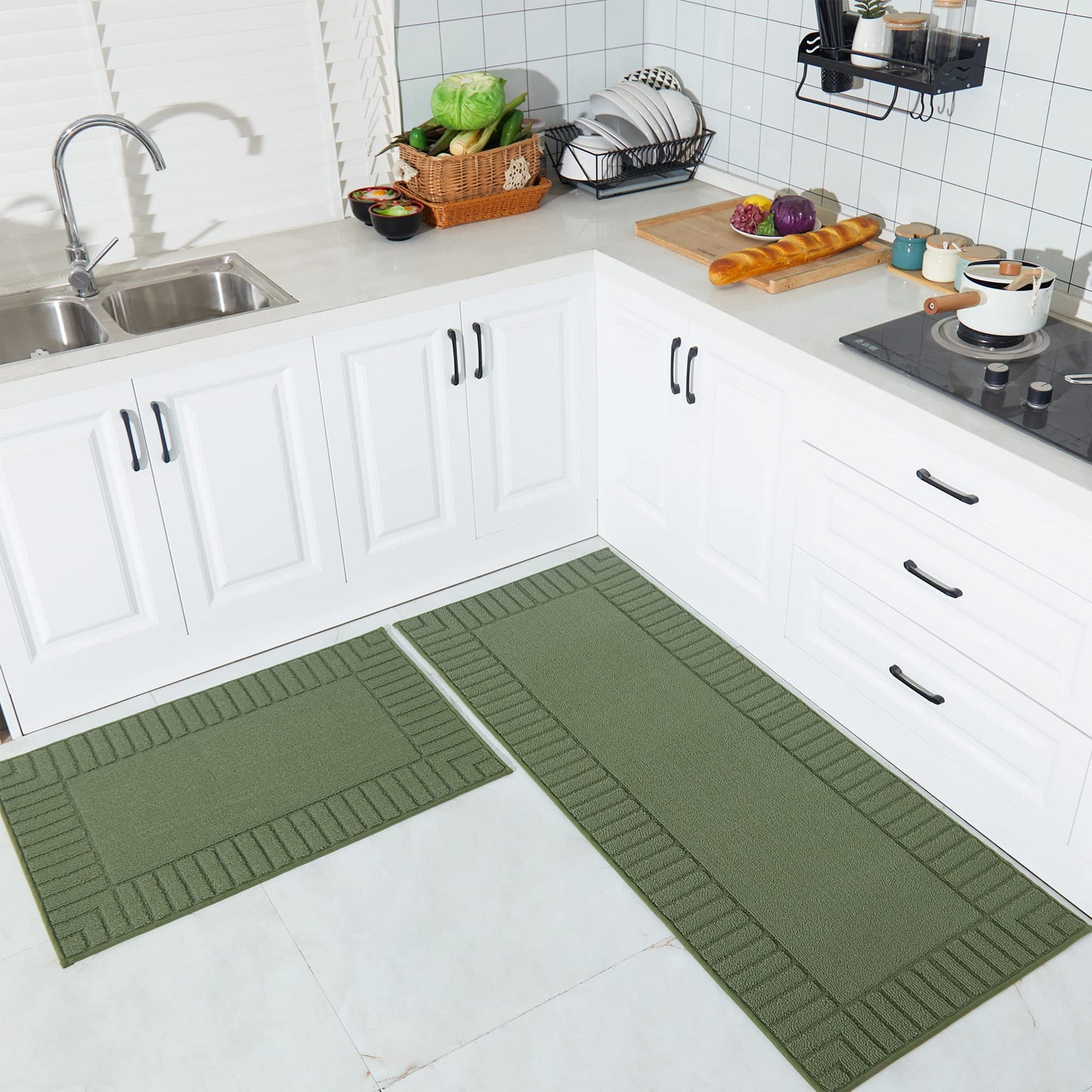 BEQHAUSE-Kitchen-Rugs-Non-Slip-Kitchen-Mats-for-Floor Machine Washable Kitchen Rugs 2 Pieces Kitchen Carpet Runner with TPR Backing,Green,24x35inch/24x60inch