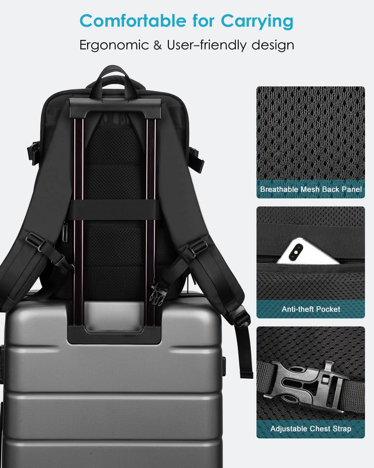 HOMIEE 40L Expandable Carry on Backpack Fit 15.6 Inch Laptop with USB Charging Port for Business Weekender, TSA Approved Personal Item Travel Backpack Waterproof Luggage Suitcase