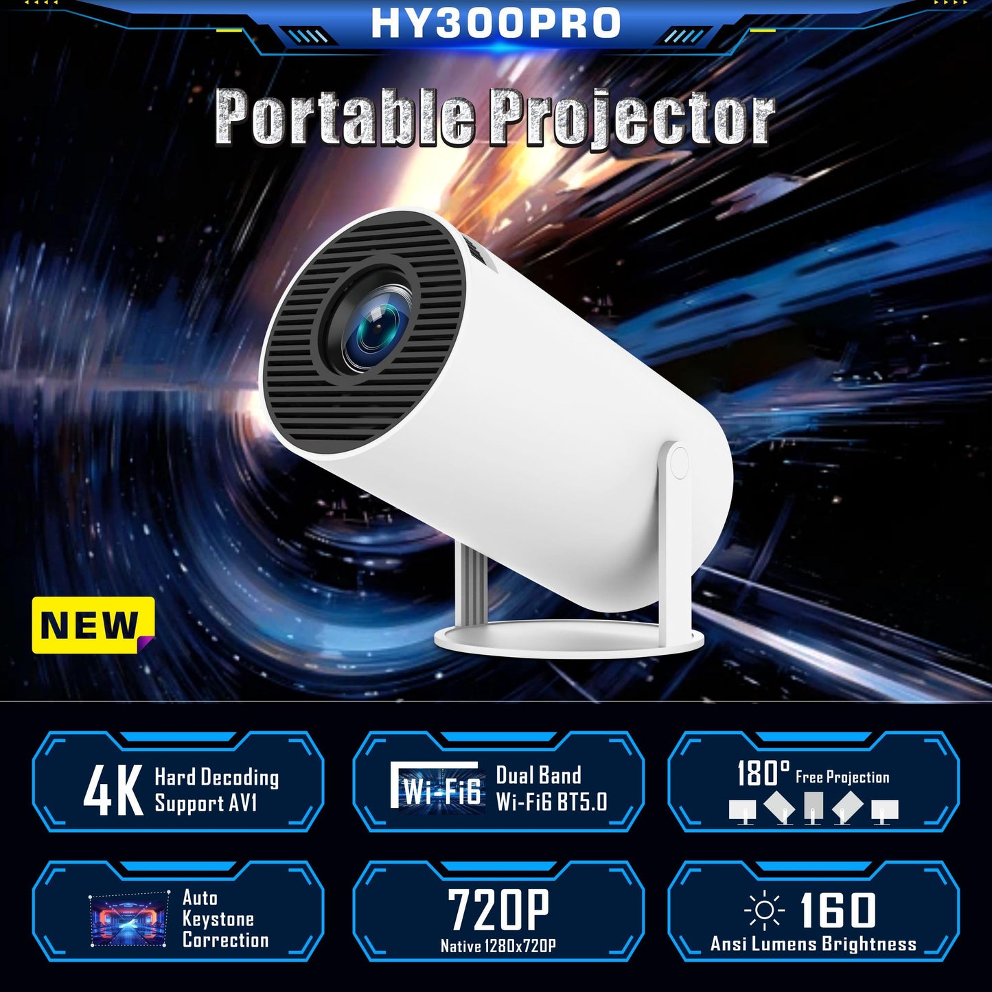 Smart Mini Projector - 4K with WiFi 6 & Bluetooth 5, Portable Android 11, Auto Keystone, 180 Display Up to 130 Inch