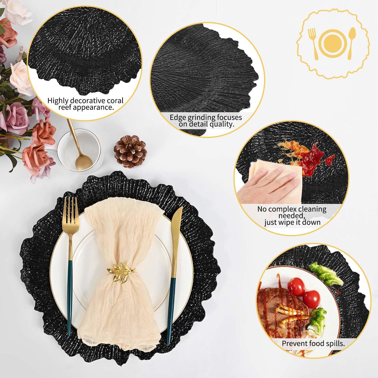 100Pcs Black Charger Plates Round 13inch, Reef Plate Chargers for Dinner, Bulk Plastic Floral Table Charger Plates for Dinner Wedding Party Event Table Setting Decoration(Black)