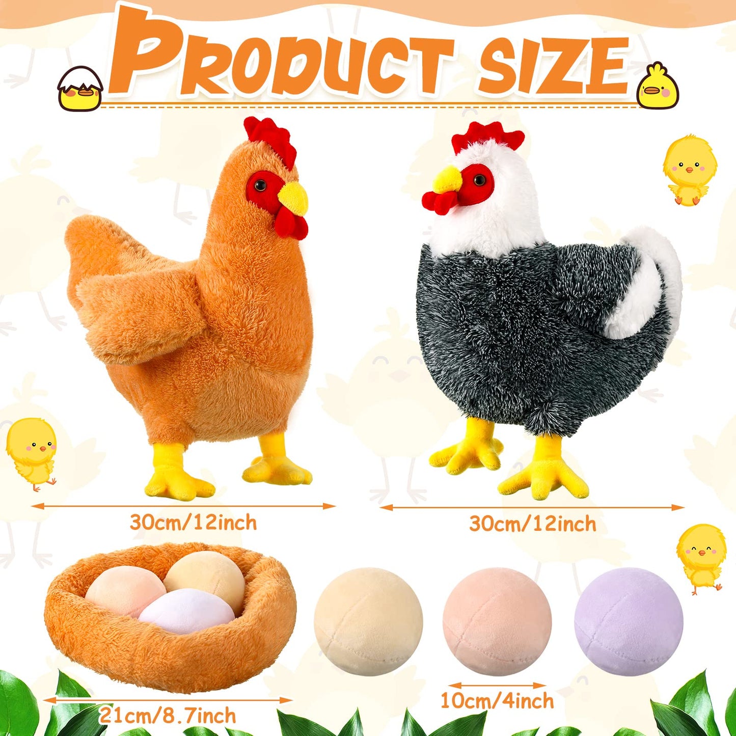 Civaner 2 Pcs 12 Inch Buffy the Hen Chicken Stuffed Animal Gift Cute Easter Chicken Plush with Eggs Large Chicken Plush Easter Party Favor Birthday Supplies
