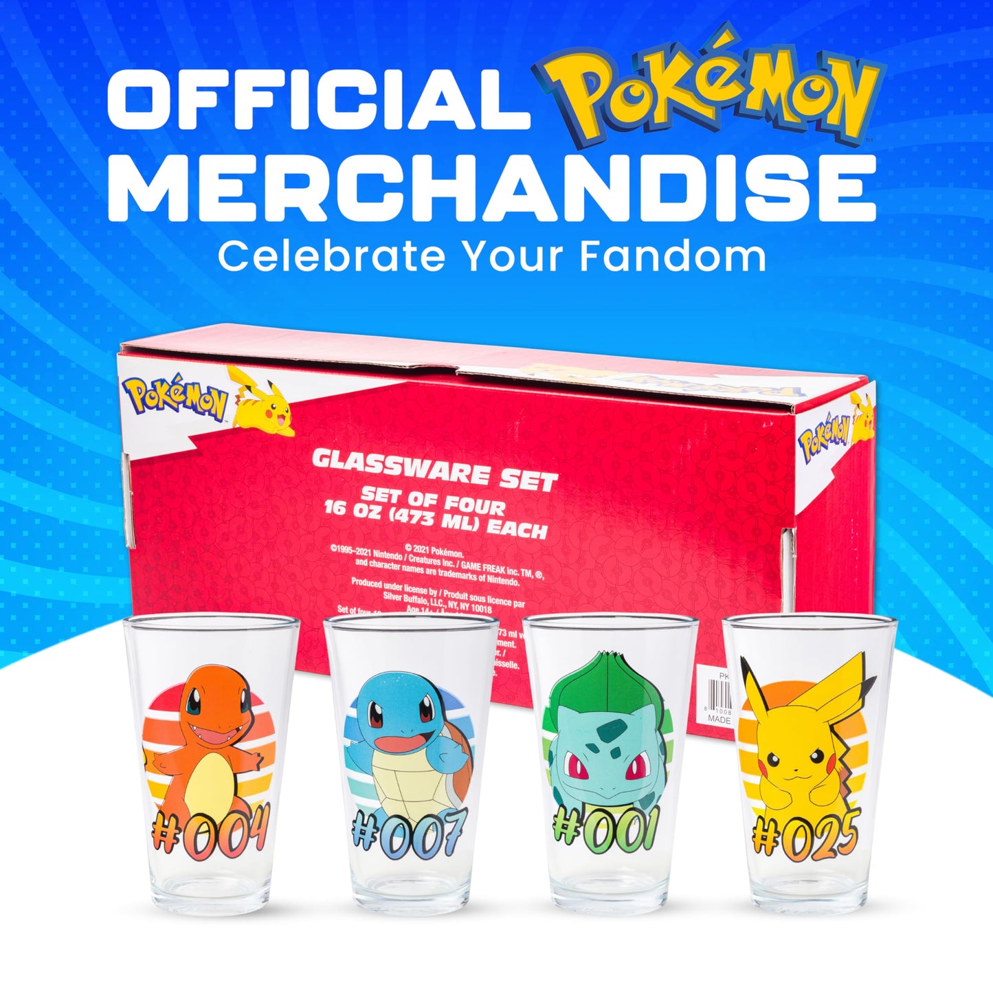 Silver Buffalo Pokemon Original Starters Feautirng Charmander, Squirtle, Bulbasaur, and Pikachu 4 Pack Pint Glass Set, 16 Ounces