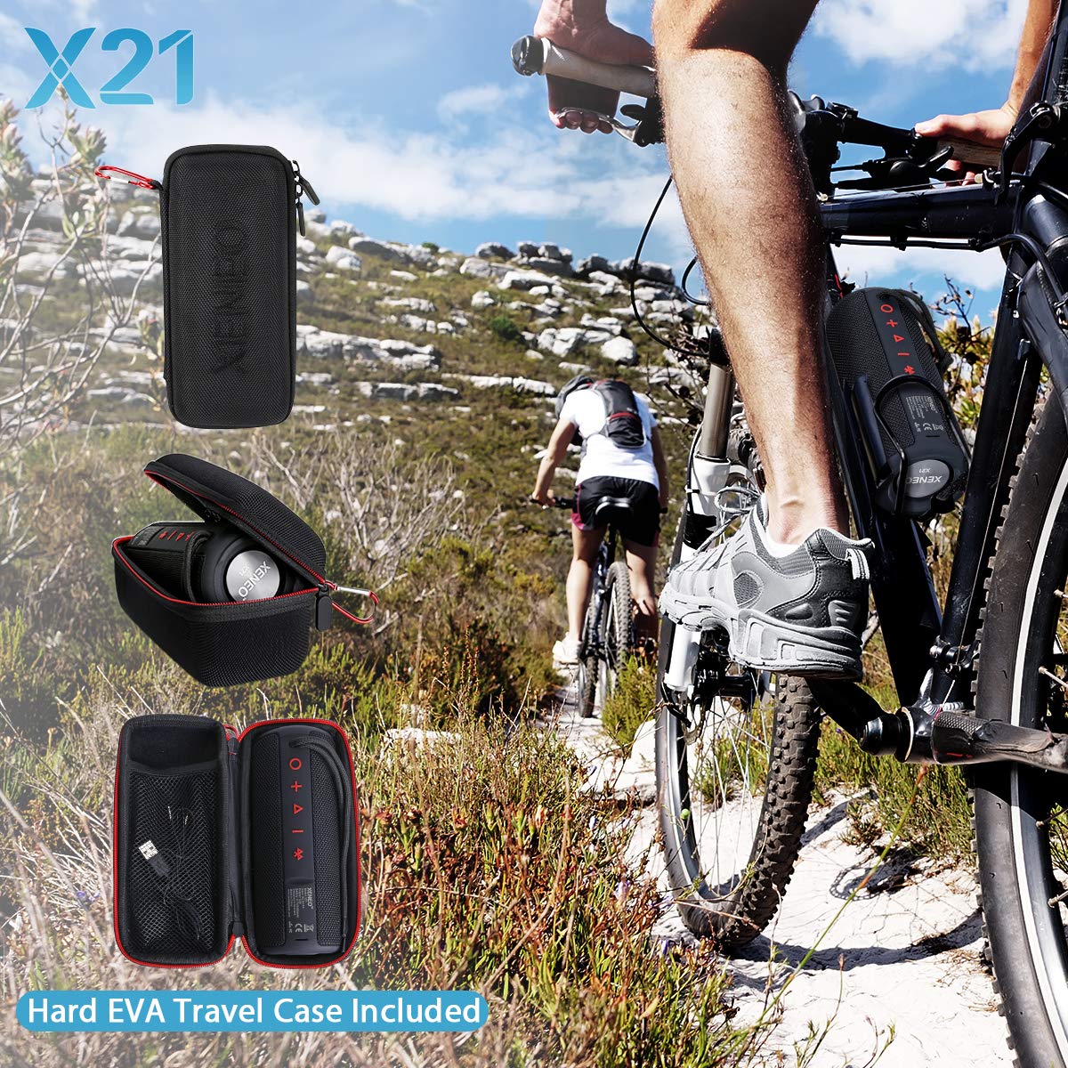 XENEO X21 Portable Outdoor Wireless Bluetooth Speaker Waterproof with FM Radio, Micro SD Card Slot, AUX for Shower - Hard Travel Case Included