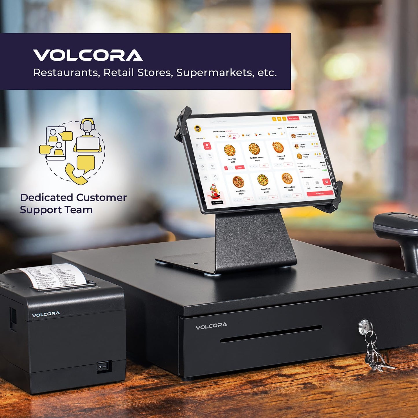 Volcora Electronic Cash Register Drawer for Point of Sale (POS) System, 5 Bill/8 Coin, 16" with Adjustable Coin Slots, 12-24V, RJ11/RJ12 Key-Lock, Media Slot, Black