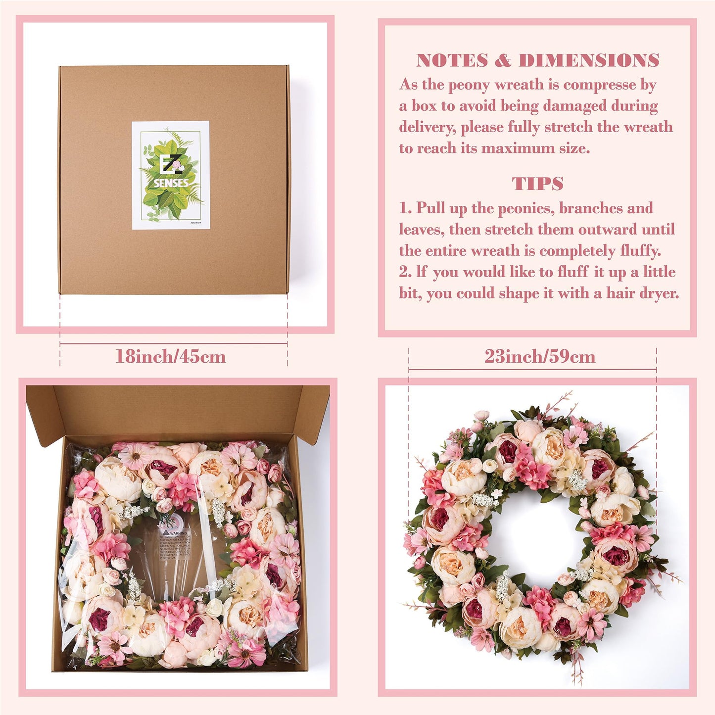 Peony Wreath 23'' Spring Wreaths for Front Door, Artificial Large Floral Wreath for Front Door Wall Decor, Valentine’s Day Home Wedding Housewarming Gift EZsenses (Light Pink)