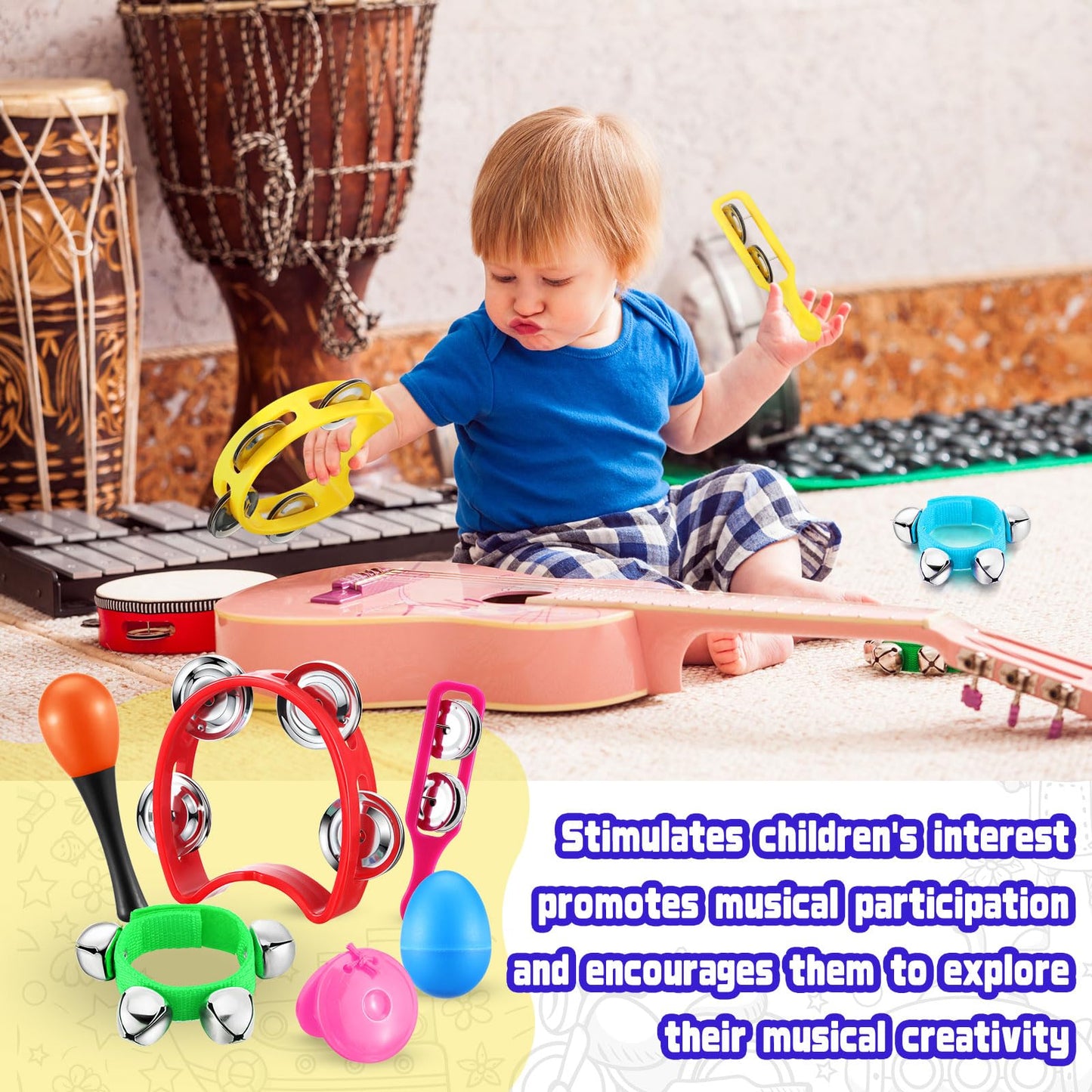 72 Pcs Shaker Musical Instruments for Kids Egg Shaker Wrist Hand Band Bells Maracas Percussion Tambourine Cymbals Plastic Castanets for Preschool Early Music Learning Toy