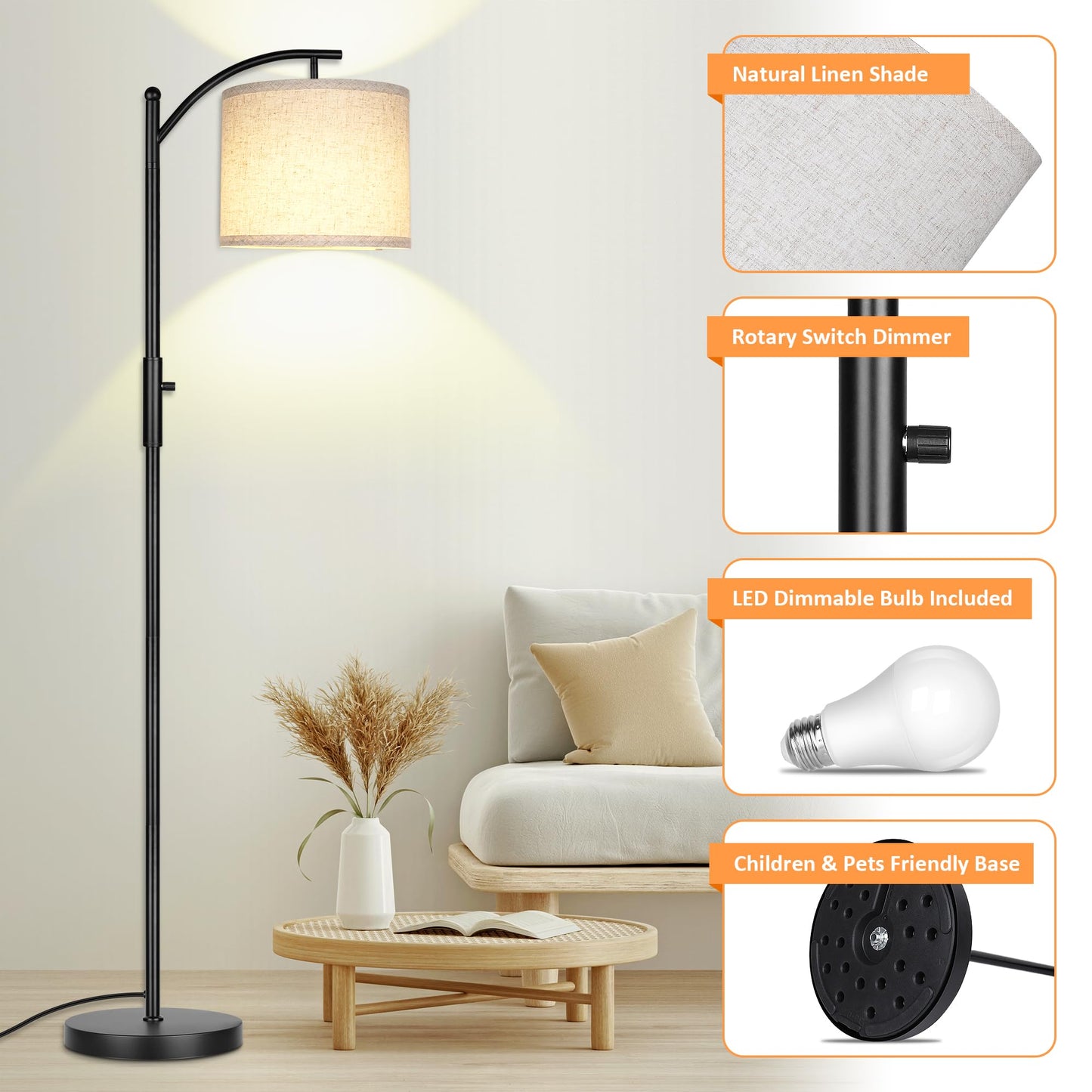 Dimmable Floor Lamp, Arc Floor Lamps for Living Room, Stepless Dimming Modern Standing Lamp with Linen Shade, Tall Lamp for Bedroom Office Dining Room- Black