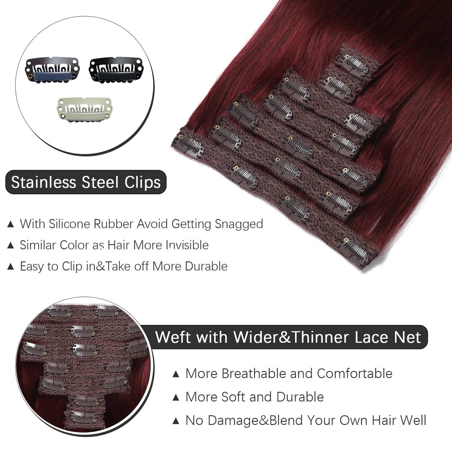 Rimoss Clip in Hair Extensions Real Human Hair, Soft Burgundy Red Hair Extensions Real Human Hair Clip ins Straight, Premium Thick 7pcs Remy Human Hair Clip in Extensions for Women (#99J 18 Inch)