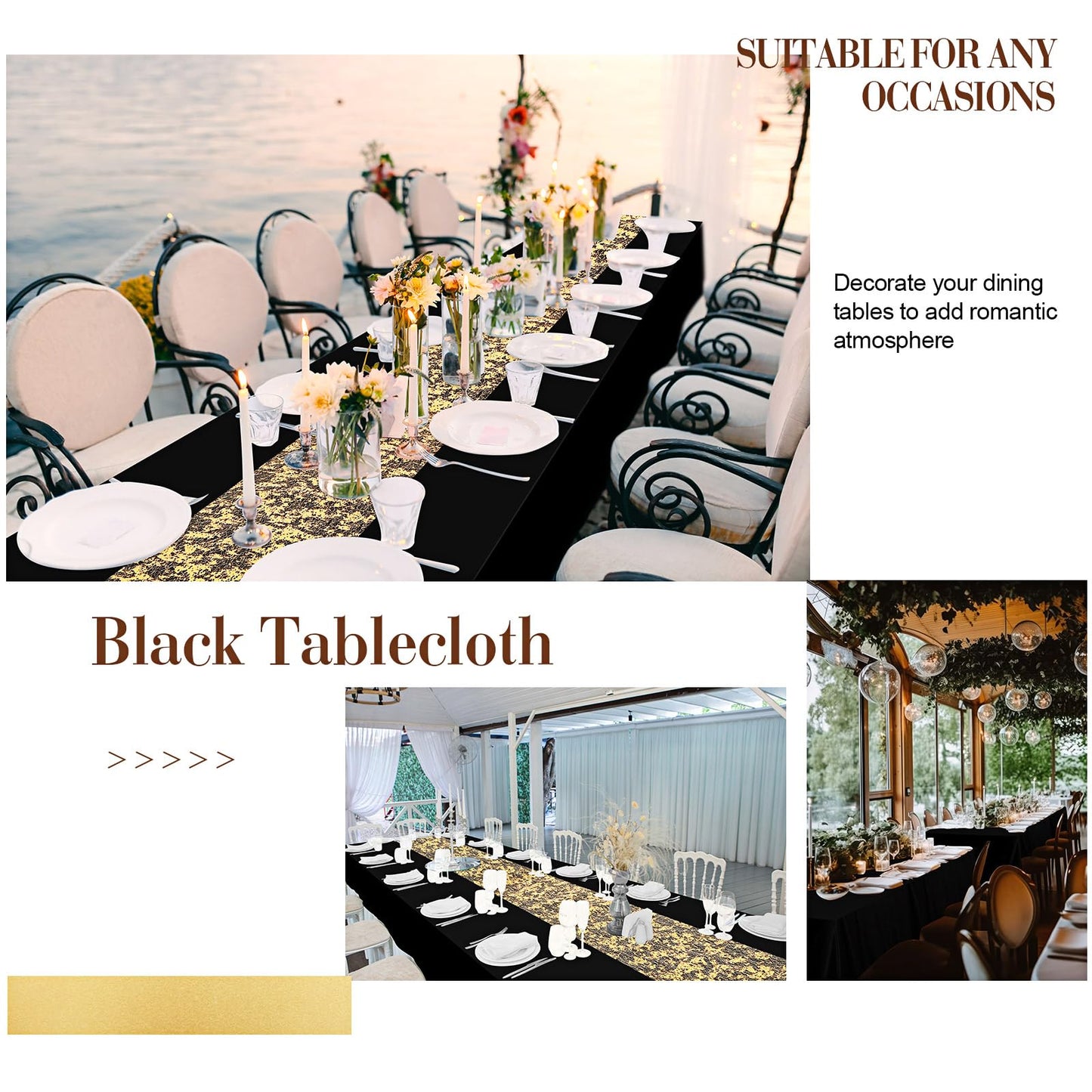 Peryiter 12 Polyester Rectangle Tablecloth 60 x 102'' and Sequin Gold Table Runner, Decorative Fabric Waterproof Table Cover Set for Christmas New Year Wedding Dinner Anniversary Party(Black)