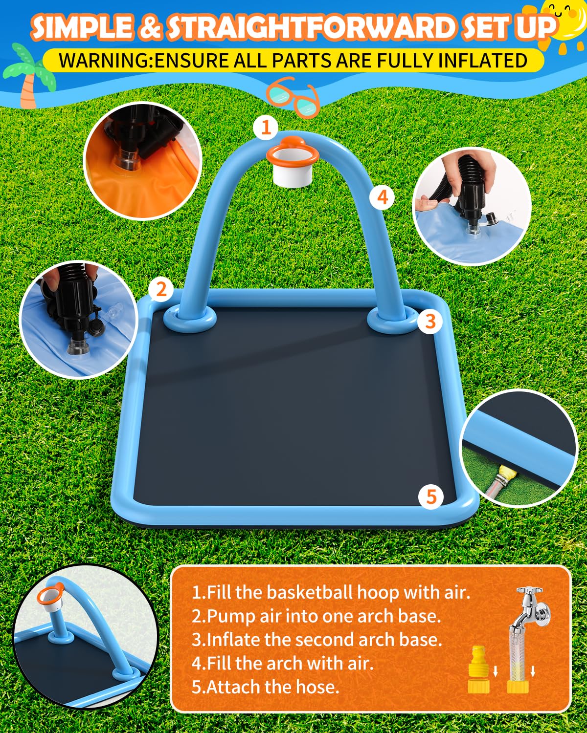 Octplay Splash Pad with Basketball Hoop - 102x87'' Large Sprinkler Pad for Kids & Dogs Pets | Thickened Non-Slip Splash Mat, Foldable Water Play Pool & Outdoor Summer Toys Ages 3+