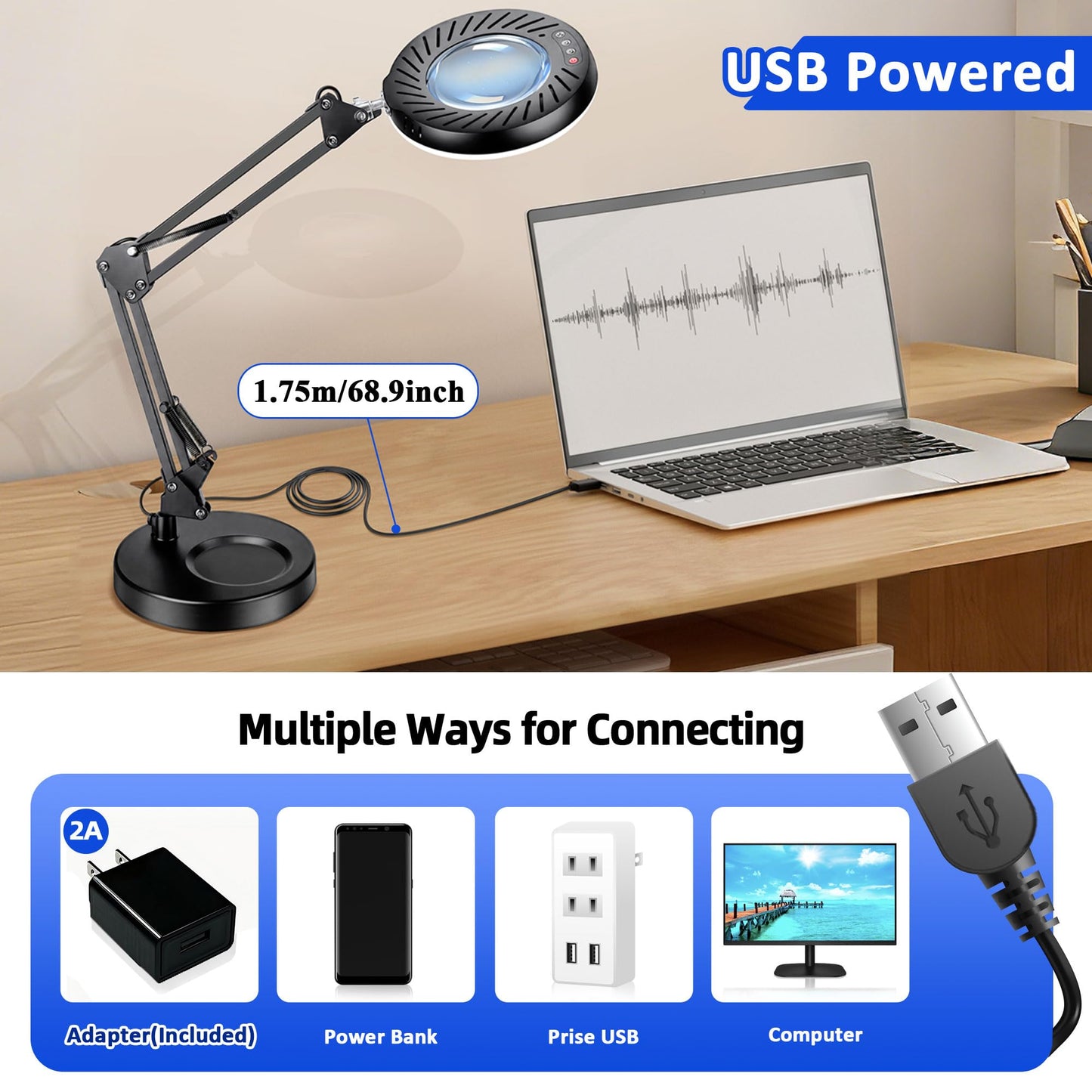 Akynite 12X Magnifying Glass with Light and Stand, 144 LED Real Glass Magnifying Desk Lamp with Base and Clamp, 5 Color Modes 9-Level Dimmable Lighted Magnifier Hands Free for Crafts Sewing Close Work