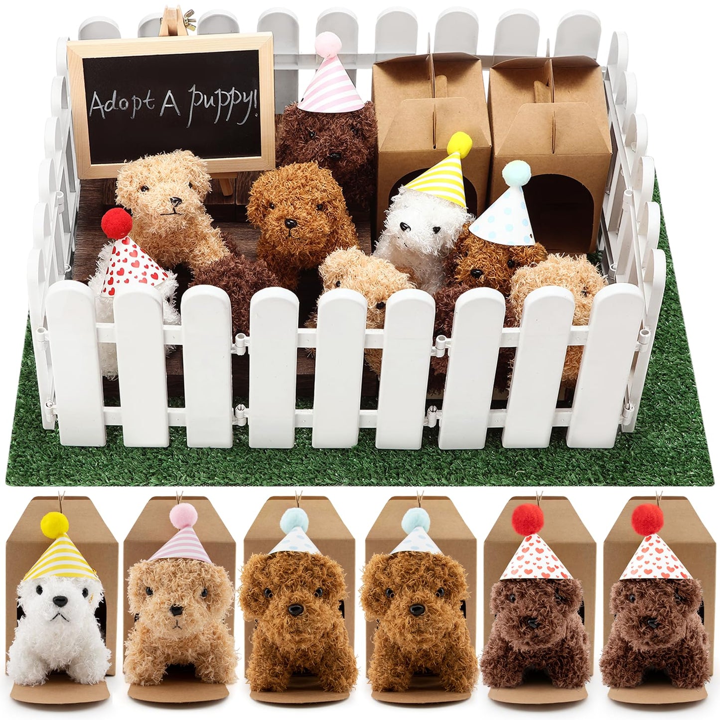 Rigibright 90Pcs Adopt A Puppy Party Favors Mini Plush Stuffed Animals Set Includes 24 Mini Dogs Birthday Hats White Plastic Fence with Artificial Lawn for Adopt A Pet Theme Birthday Party