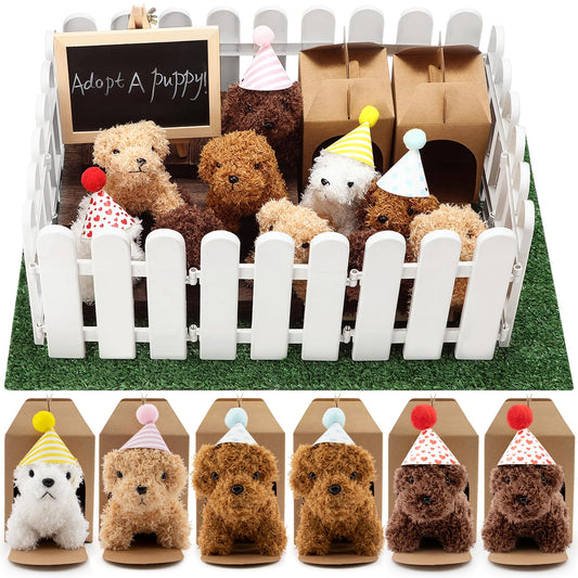 56Pcs Adopt A Puppy Party Favors Mini Plush Stuffed Animals Set Includes 14 Mini Dogs, Birthday Hats, White Plastic Fence with Artificial Lawn for Adopt A Pet Theme Birthday Party