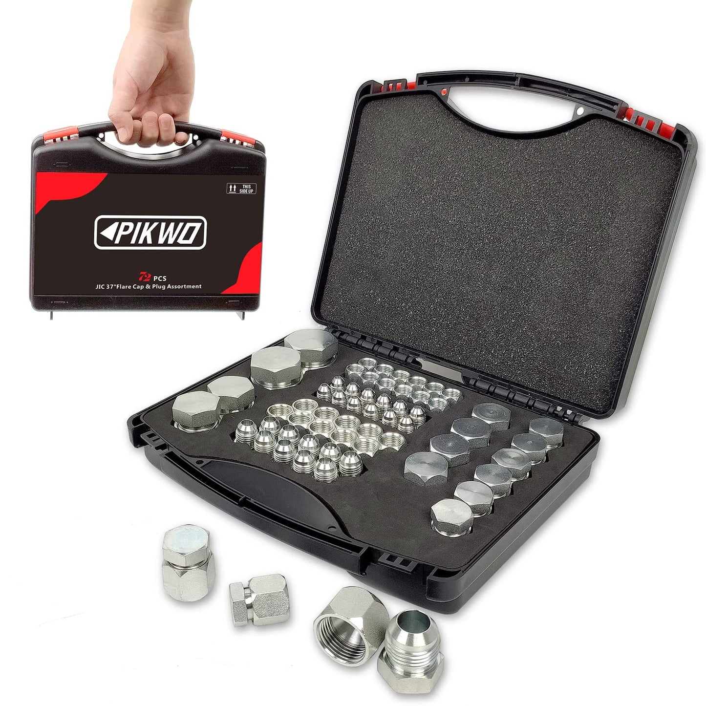 Pikwo 72Pcs JIC 37° Flare Cap and Plug Kit Hose Tube and Pipe Fitting Set Hydraulic Cap and Plug Kit Galvanized 45# Steel with Precision Threading Dash Sizes -04-06 -08-10 -12-16