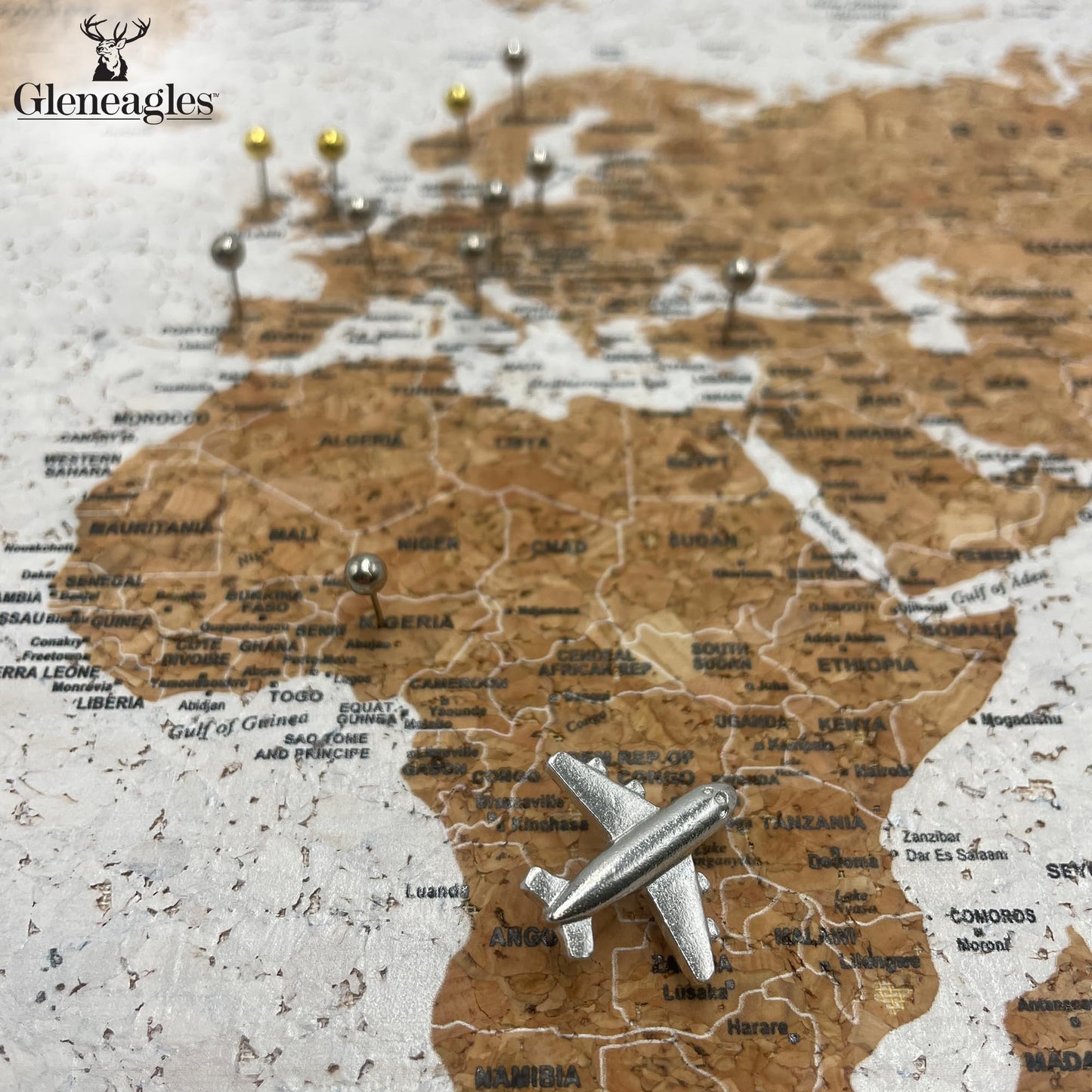 Gleneagles World Travel Map with Pins - Black Frame Cork Board 70 Push Pins Included 21.2''x14.2'' Home Office Wanderlust Decor Gift Present for Travelers Mark Past Future Adventure 3 Colours