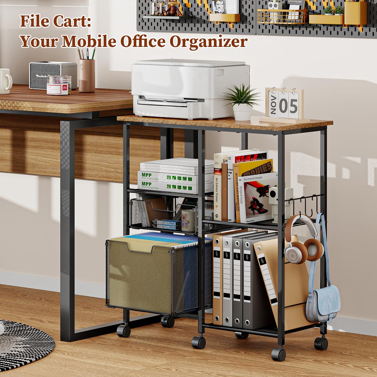 Tiaoheka Rolling File Cart with Wheels,Lateral File Cabinet with 2pcs Drawers,Rolling Printer Stand Cart with Open Storage Shelf,Hanging Filing Cabinet Organizer Cart Fits Letter Size for Home Office