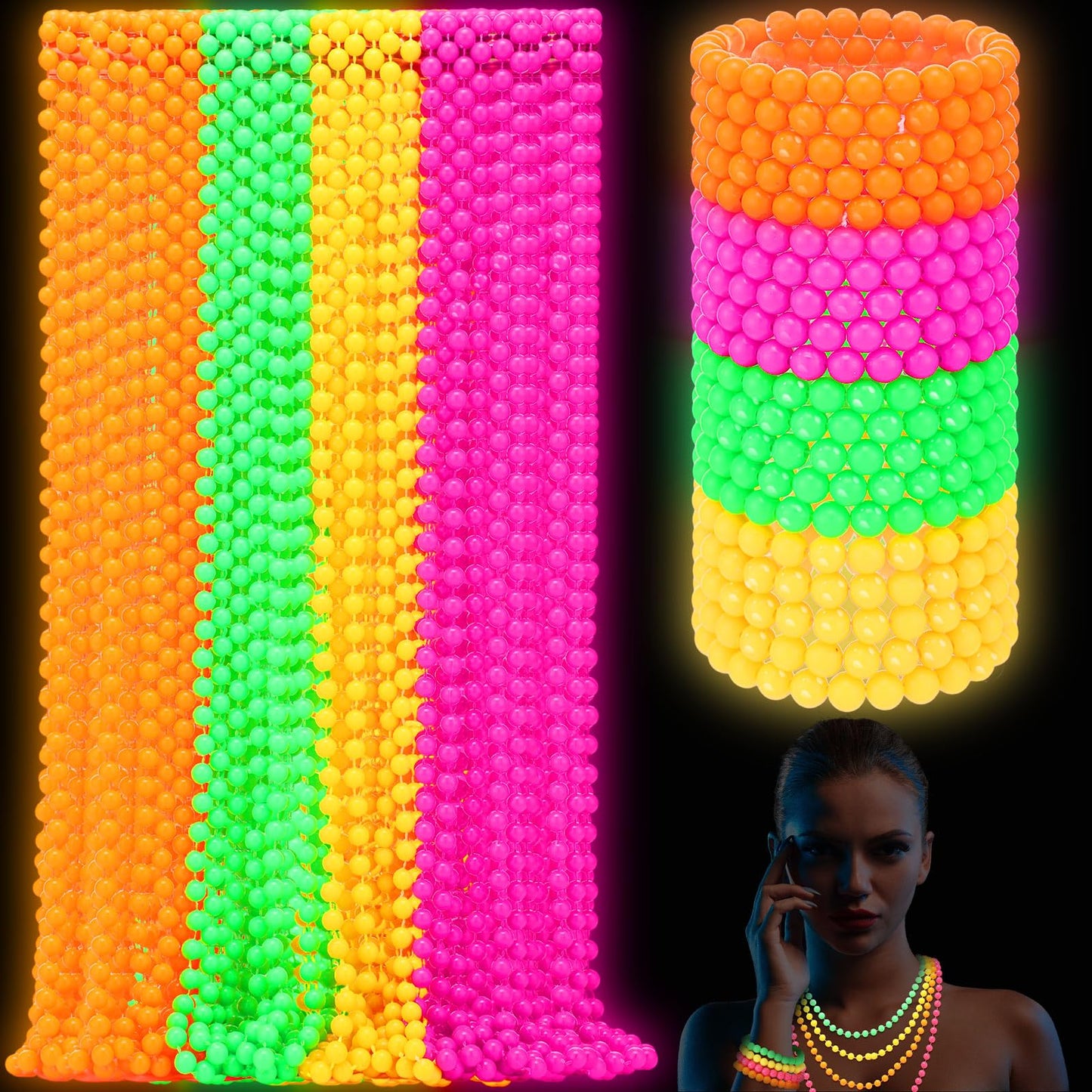 Tondiamo 72pcs Neon Bead Necklaces Bracelet, 80s Women Costume Accessories Set Glow in The Dark UV Bead Necklaces Bracelet Glow Party Supplies for Concert Halloween Mardi Gras Party Supplies