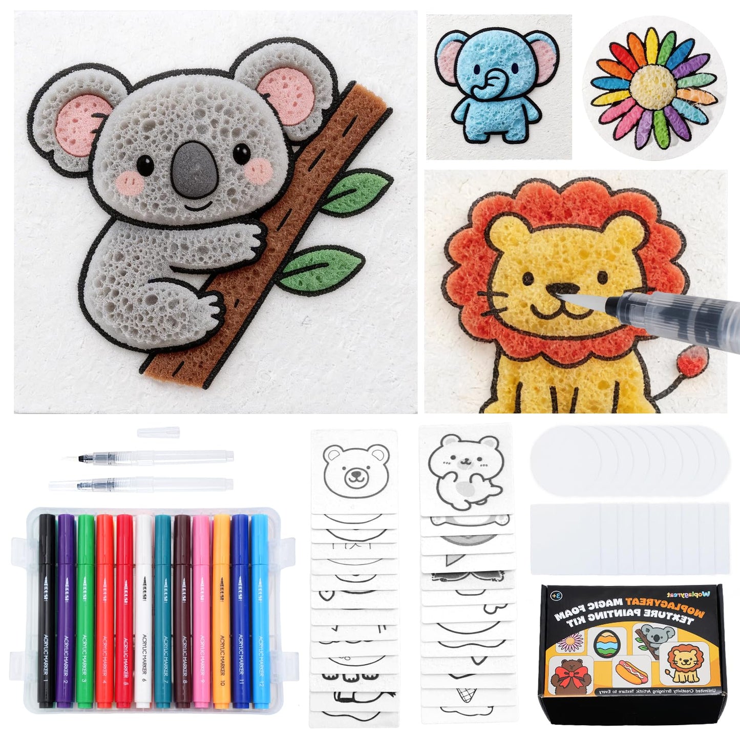 Woplagyreat 72Pcs Magic Foam Texture Painting Kit, 44Pcs Foam Texture Paper, 24 Colorful Brush, 2 Water Brushes, 3D Effect Texture Painting Set, Ideal for Birthday Gifts