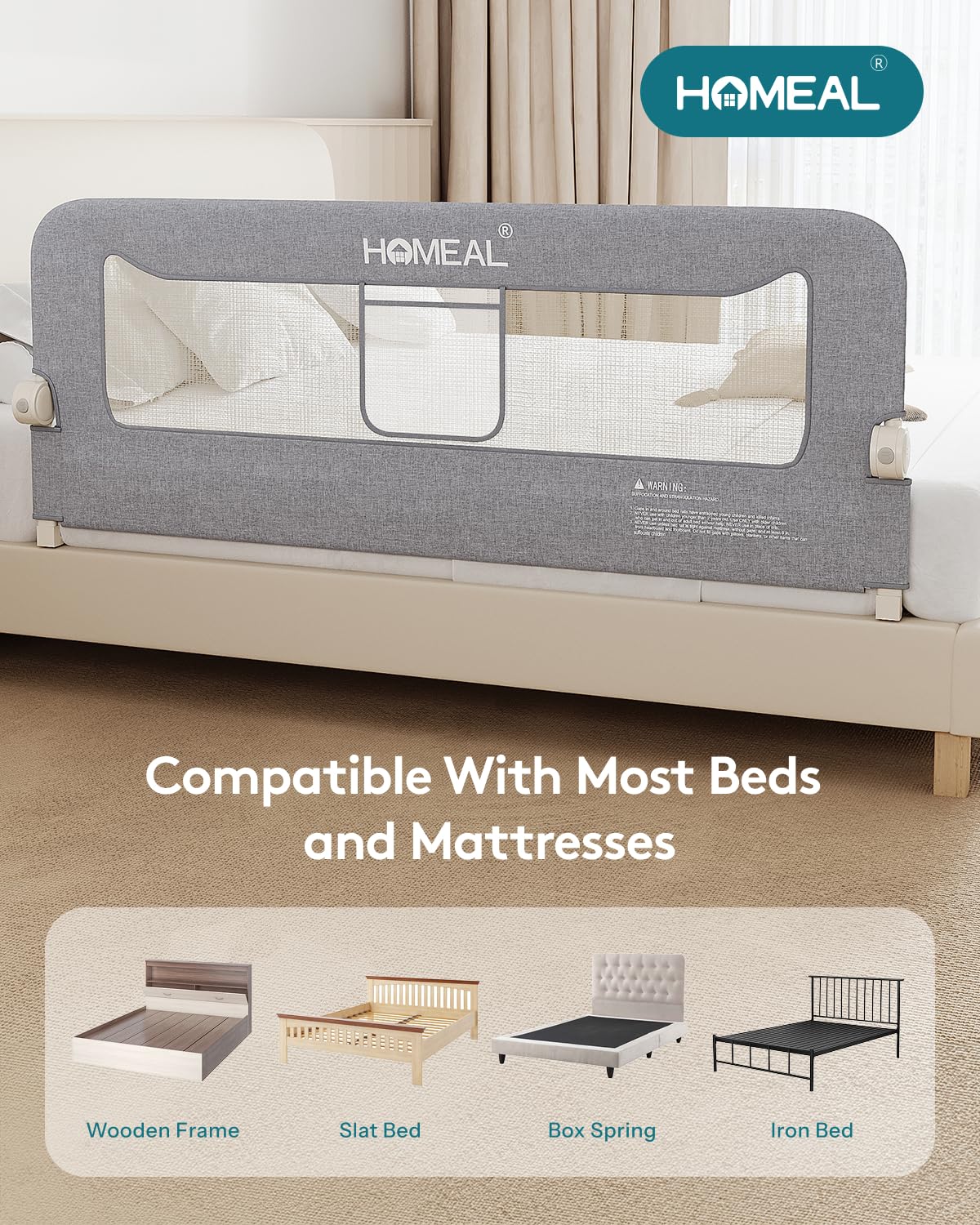 HOMEAL Bed Rail for Toddlers, 59in Swing Down Baby Bed Rail Guard, Toddler Bed Rails for King Size Beds, Twin, Full, Queen, Bed Guard Rail for Toddlers, Grey
