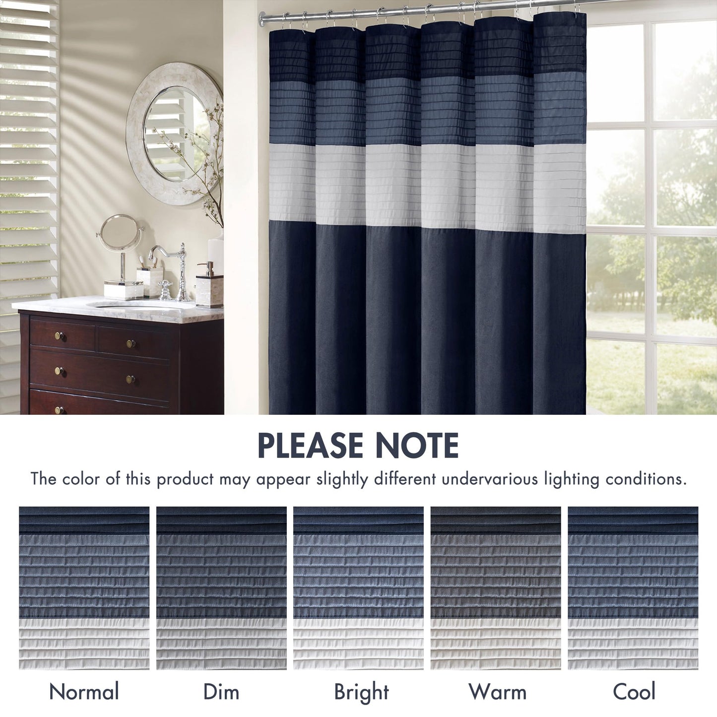 Madison Park Amherst Bathroom Shower Curtain Faux Silk Pieced Striped Modern Microfiber Bath Curtains, 72x84 Inches, Navy