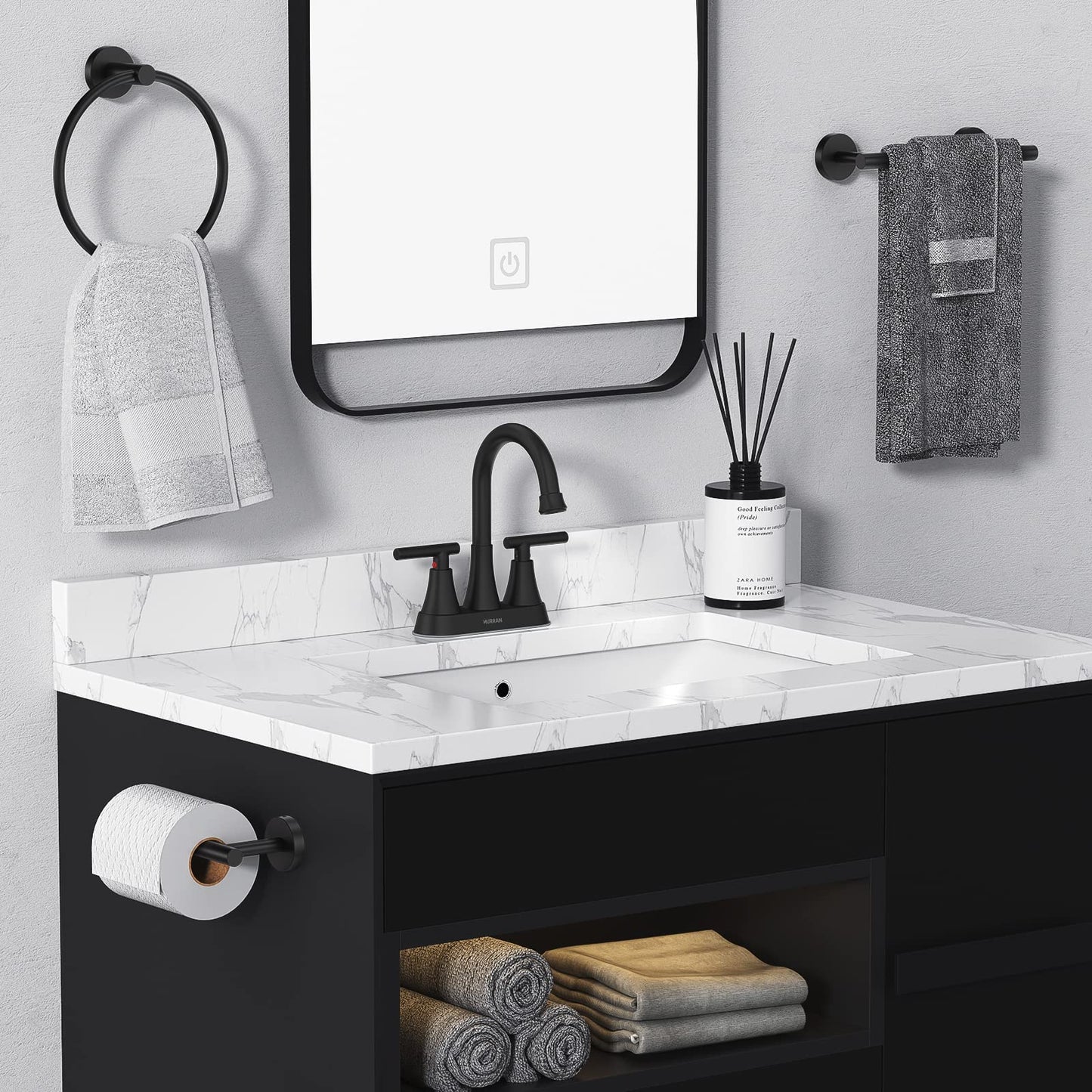 Bathroom Faucets for Sink 3 Hole, Hurran 4 inch Matte Black Bathroom Sink Faucet with Pop-up Drain and 2 Supply Hoses, Stainless Steel Lead-Free Centerset Faucet for Vanity RV, 2 Pack