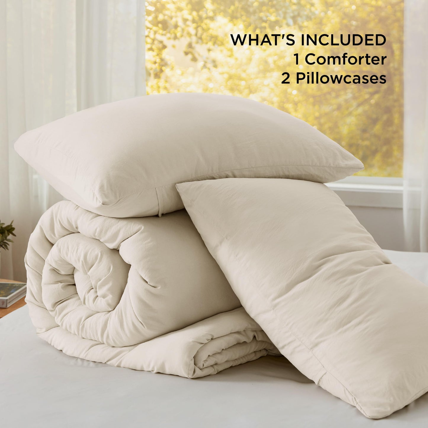 Bedsure Oversized Queen Comforter Set, Cream Soft Prewashed Bedding for All Seasons, 3 Pieces GentleSoft™ Bed Set, 1 Lightweight Comforter (98"x98") and 2 Pillowcases (20"x26")