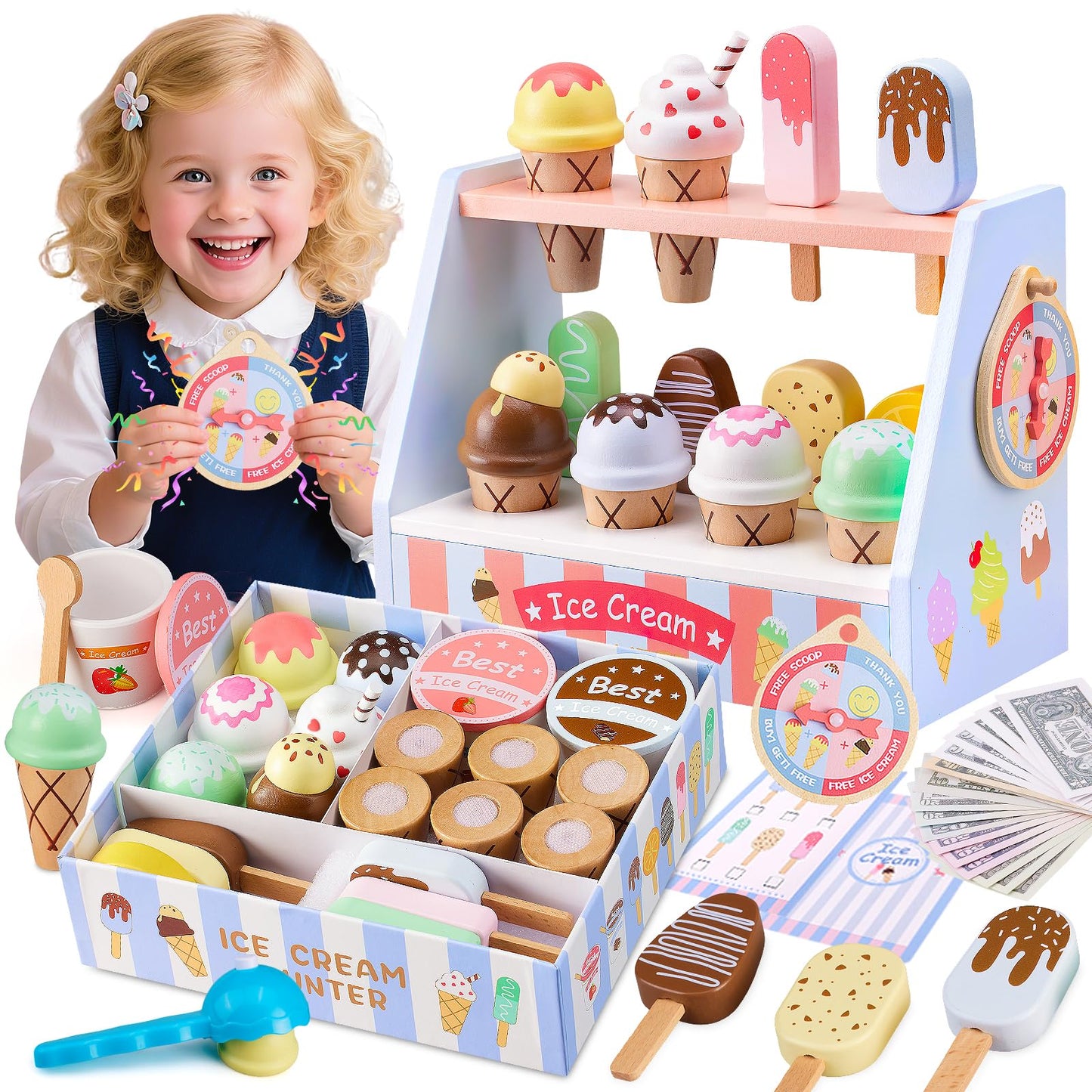 Ehome Wooden Ice Cream Toys Set Pretend Play Food Store for Kids Serve Ice Cream Counter Shop Kitchen Playset with Lucky Wheel, Scoop, Menu, Fake Money for Boys and Girls Ages 3 4 5 6