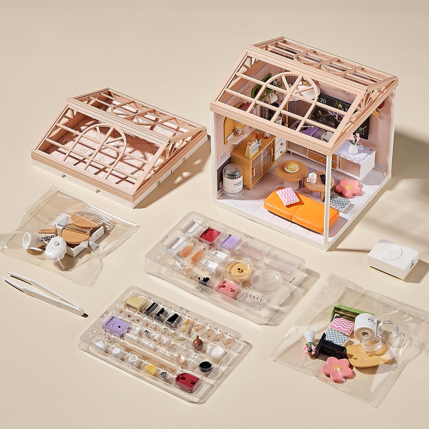 Qudify Miniature Living Room DIY Play Kit – 92Pcs 1:20 Scale Dollhouse Furniture Toy with LED Light, Modular Scene Connector & Realistic Details Tiny House for Kids 8+ and Collectors