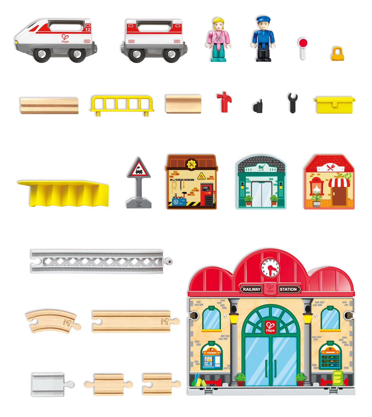 Hape Portable Wooden Train Station Set, Children's Train Set, Rails, Train Station and Characters, Easy to Carry