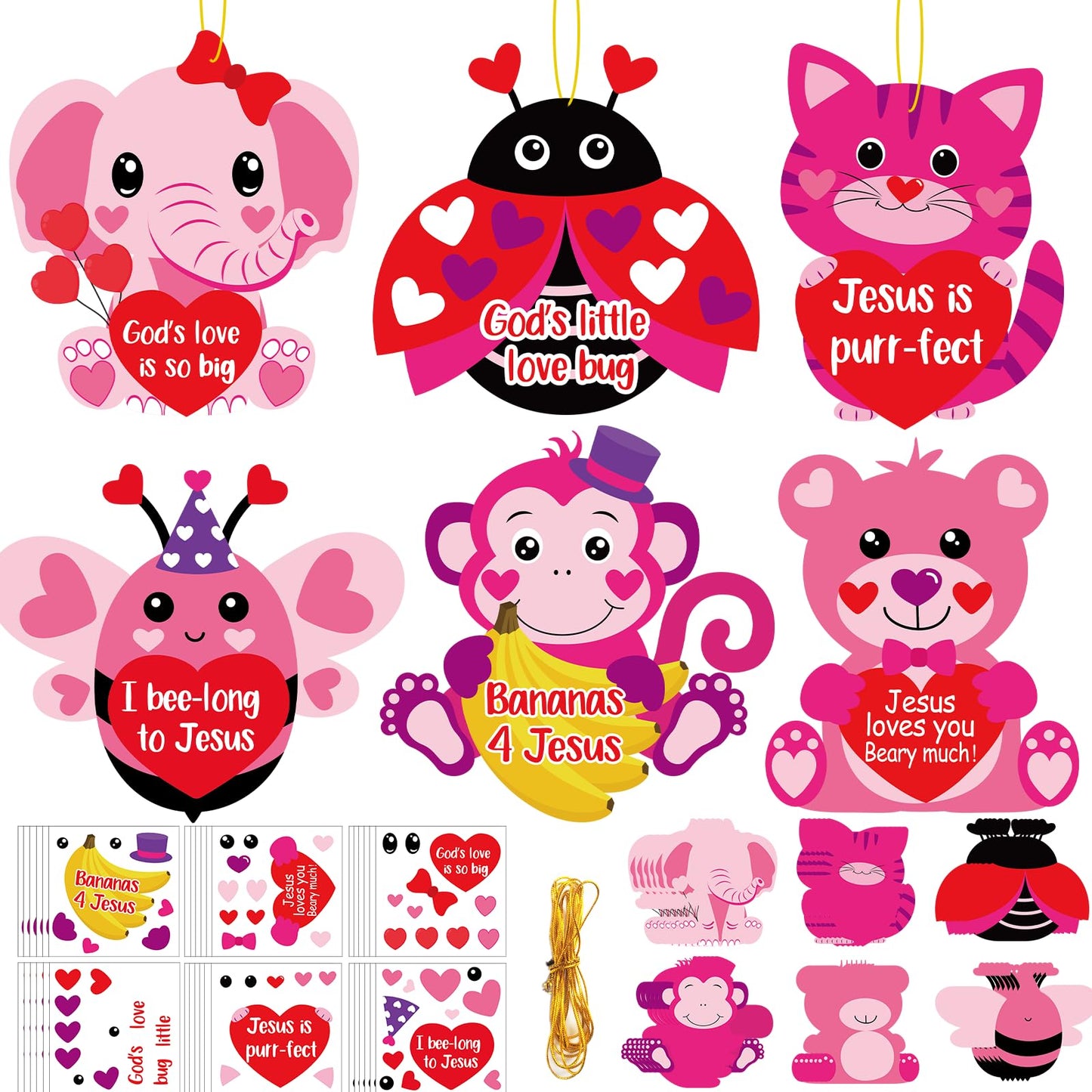 Lonfliness 36 Sets Valentine's Day Religious Animal Craft Kits for Kids Valentine's Heart Jesus Sticker Crafts Make Your Own Christian Arts Crafts for DIY Home Sunday School Classroom Activity Decor