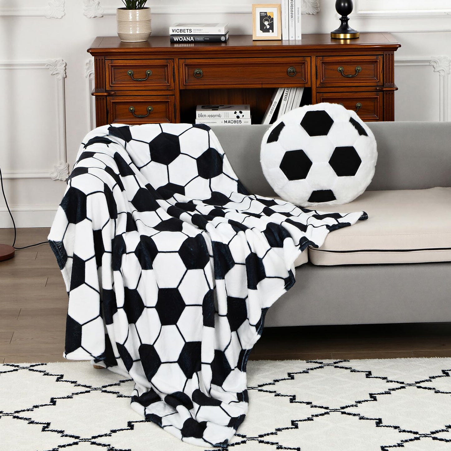 SmoothNovelty 2 Pcs Soccer Pillow and Throw Blanket Set Include 40x50 Inch Soft Soccer Flannel Blanket Fluffy Sports Stuffed Plush Pillow Cushion Team Gift for Men Couch Bedroom Sofa Decor