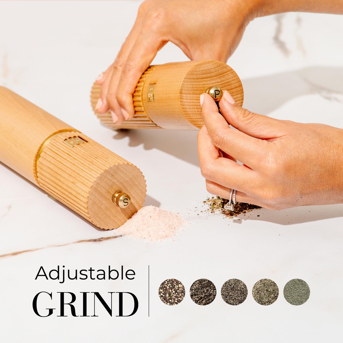 Styled Settings Wooden Salt and Pepper Grinder Set with Gold Accents – Refillable Wooden Manual Salt and Pepper Mill Set with Adjustable Ceramic Mills & Matching Wood Stand - Ideal for Gifting