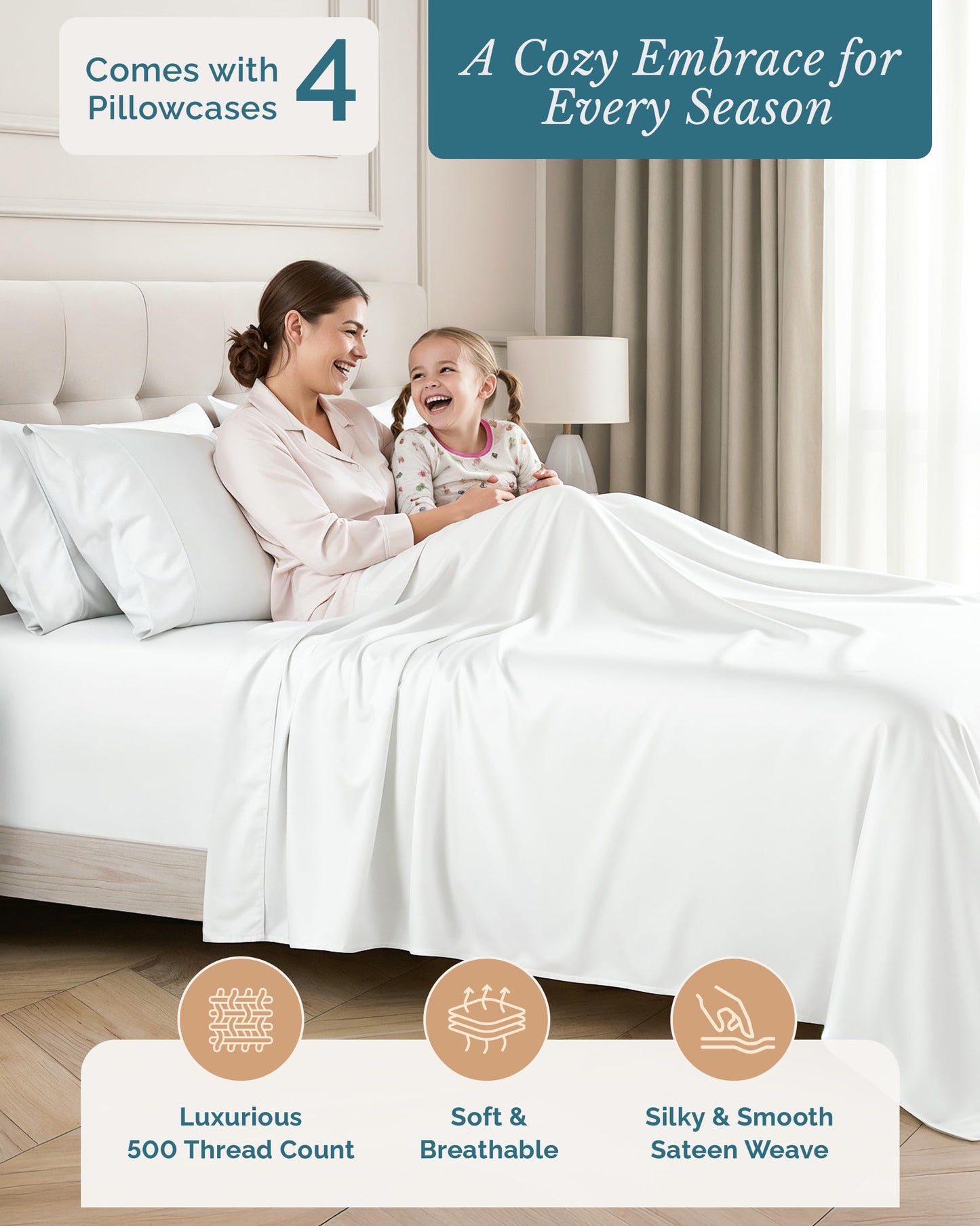 Casa Platino Queen Sheet Set, 6 Piece 100% Cotton Bed Sheet Set with 500 Thread Count Buttery Soft Sateen Finish, Long-Lasting and Lightweight, 15 Inch Deep Pocket Queen Sheets – Pure White