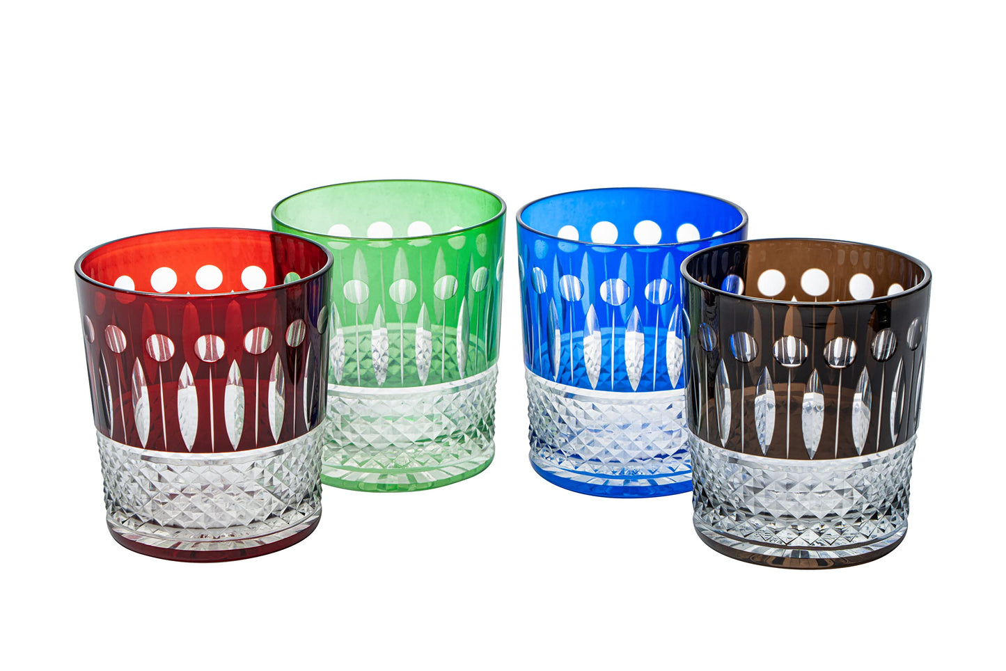 The Wine Savant Crystal Italian Multicolor Design Cups -Set of 4 Whiskey Glasses 8oz 3.5" H Bohemian Venetian Italian Style Red, Blue, Green, Black Glasses, for Dinner Parties, Bars & Weddings
