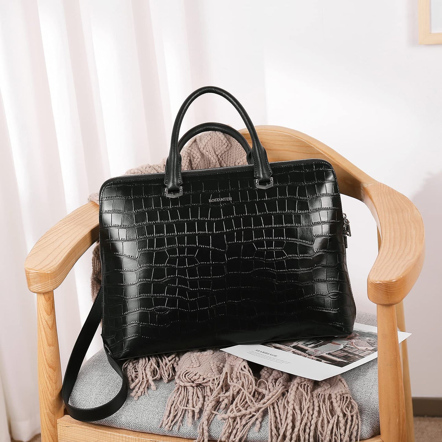 BOSTANTEN Briefcase for Women Leather 15.6 inch Laptop Shoulder Bags Office Work Crossbody Handbags Crocodile Pattern Black