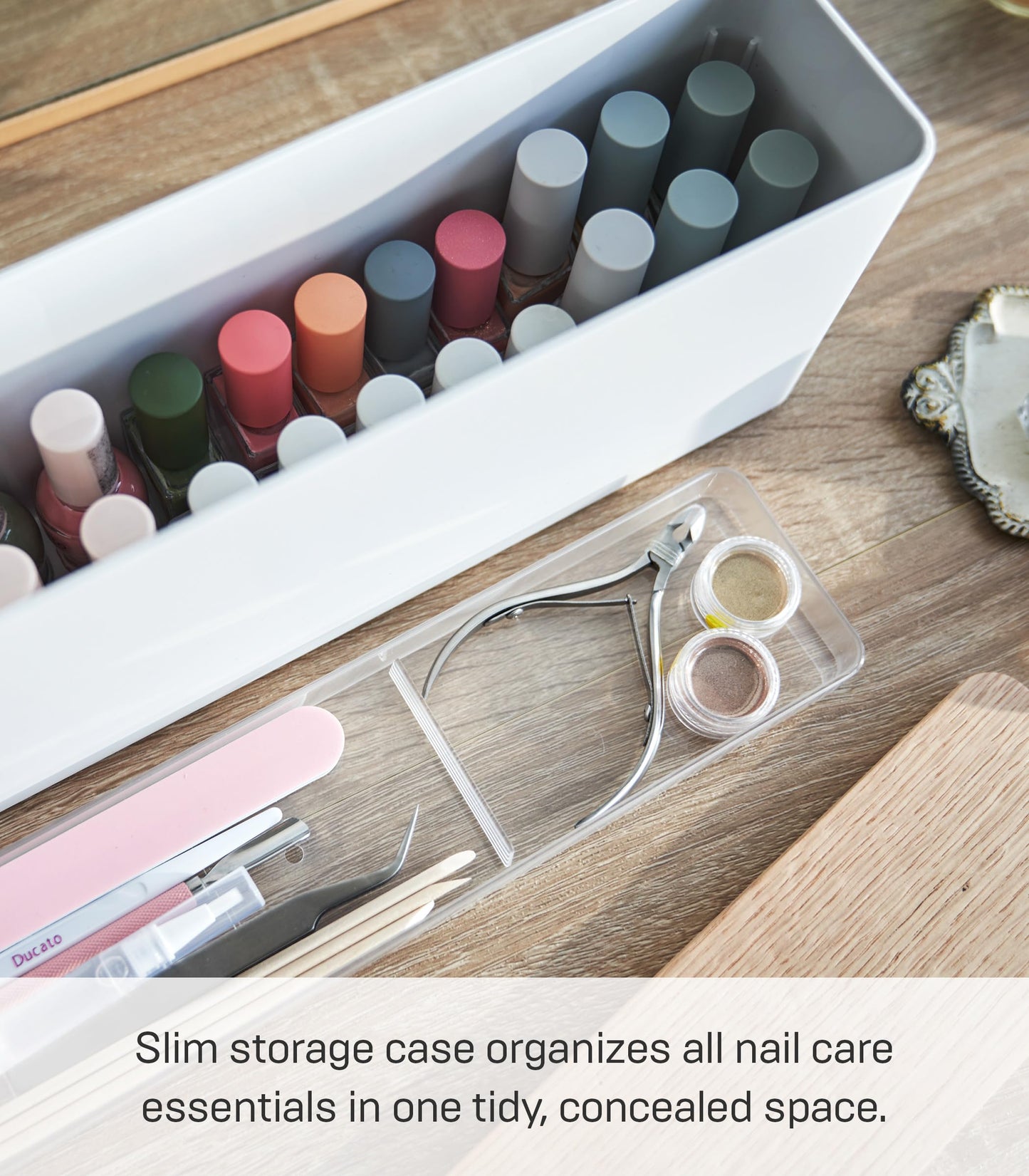 Yamazaki Home Tosca Spacious Nail Polish Organizer With Lid - Slim Storage Case With Tray For Nail Care Supplies - Ps Resin