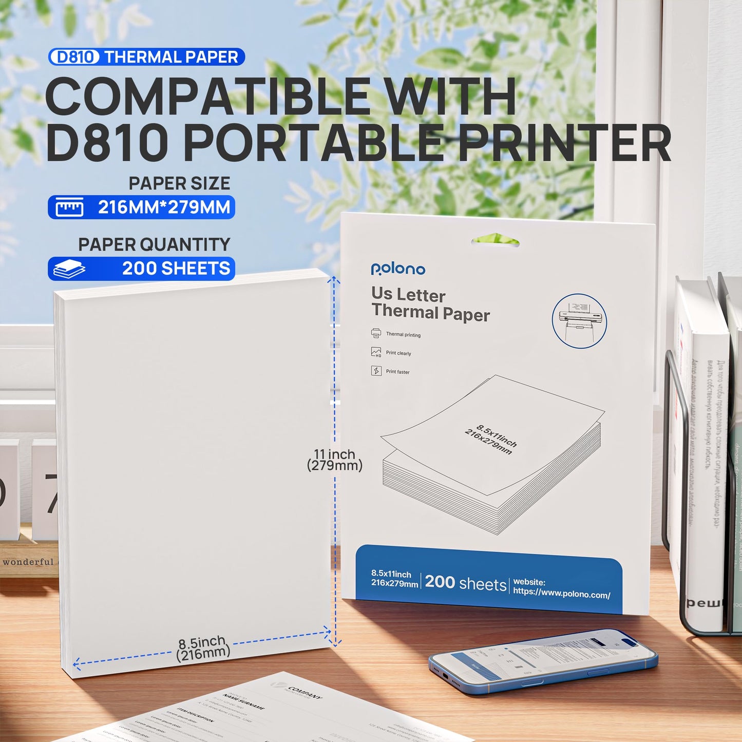 POLONO D810 Thermal Printer Paper 8.5 x 11 Inch, Advanced Thermal Printing, US Letter Size Thermal Paper Compatible with D810, Size 8.5" x 11", 200 Sheets