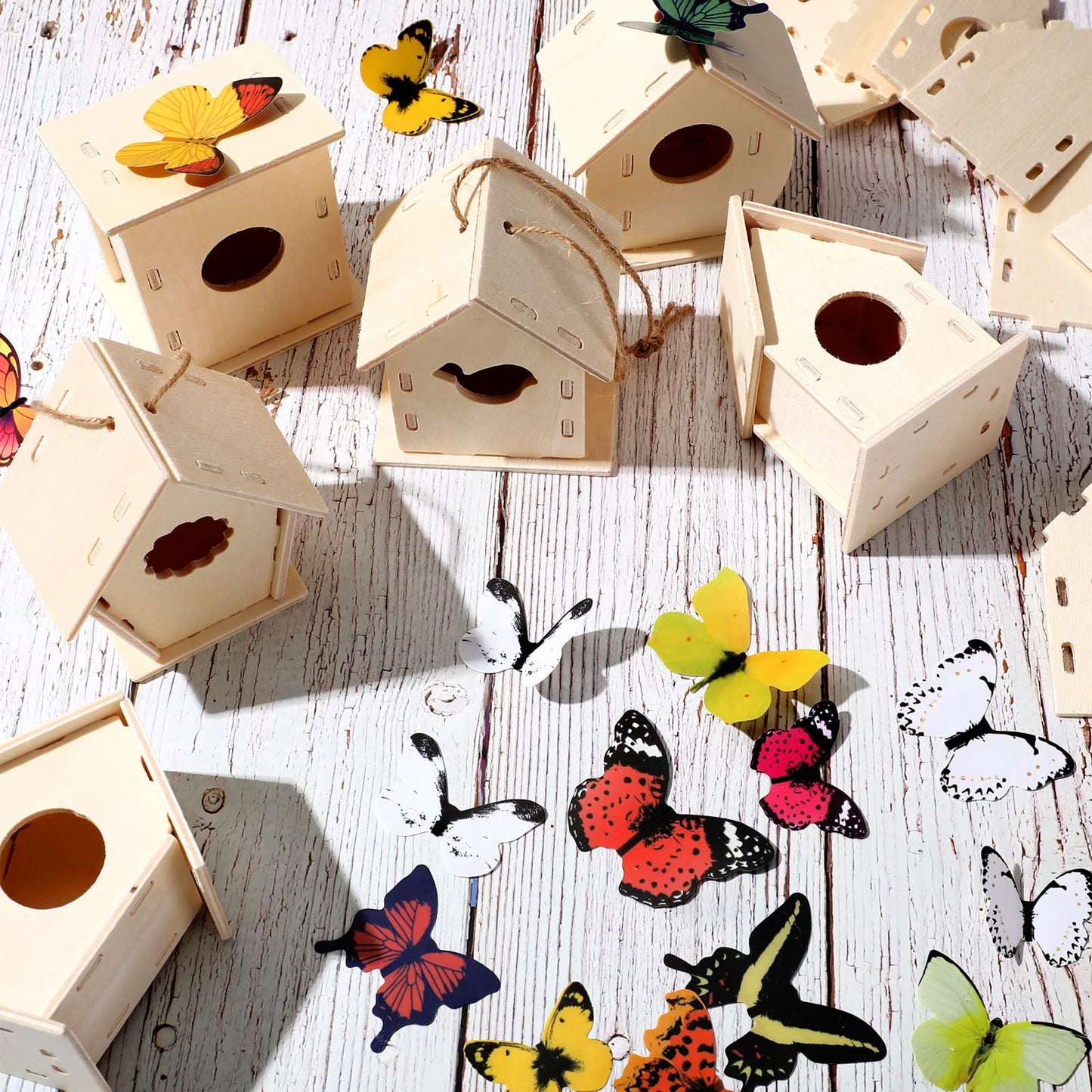 Sawysine 93 Pcs DIY Birdhouse Kits for Kids to Build, 36 Wooden Bird House 6 Shapes and 57 Butterfly Sticker for Children Spring Craft Activity Art Project DIY(Multiple Entrance)