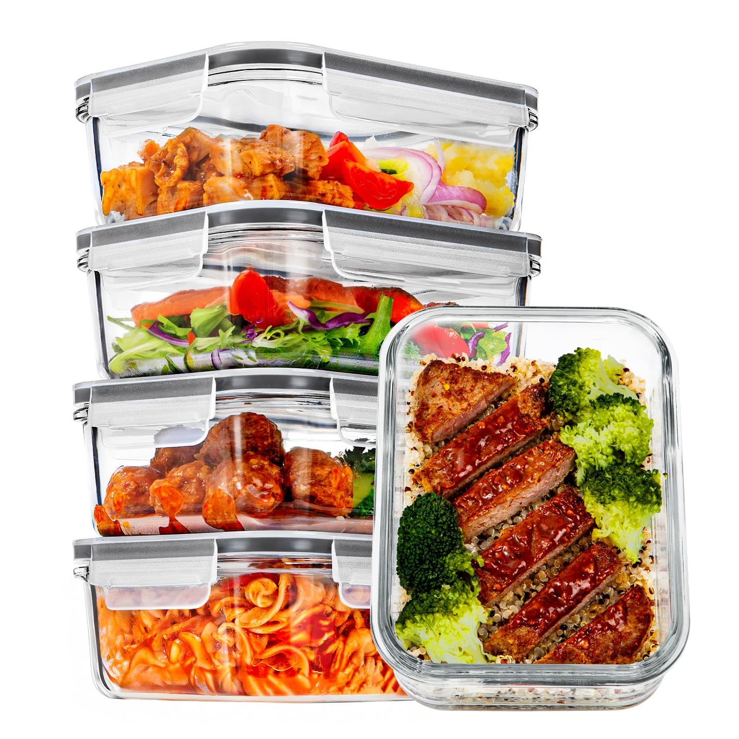 Vtopmart 5Pack 30oz Glass Storage Containers with Lids, Glass Meal Prep Food Container Sets with Snap Airtight Lids for Microwave, Oven, Freezer and Dishwasher, Grey