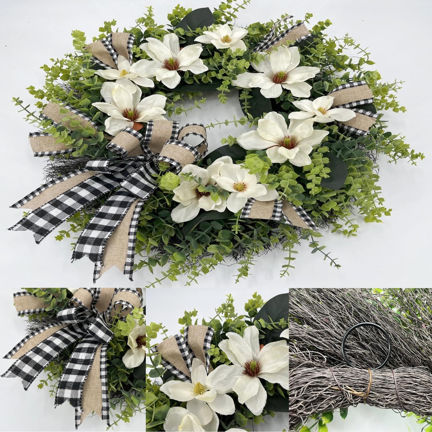 IVKHE 24 Inch Artificial Magnolia Wreath for Front Door – Farmhouse Boxwood Greenery Wreath with Buffalo Plaid Bow, Year-Round Rustic Home Wall Decor for Porch, Entryway, Living Room