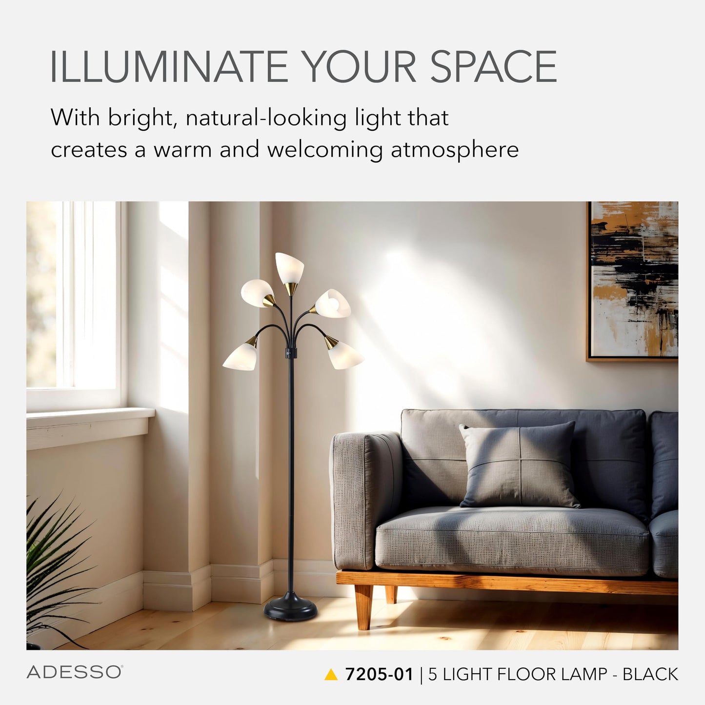 Adesso Floor Lamp with 5 Movable Shades & Adjustable Brightness – Perfect Lighting for Bedroom Decor, Beauty & Art Studio, Black