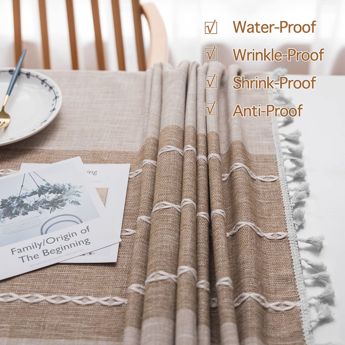 JIALE Tablecloths for Rectangle Tables, Cotton Linen Table Cloth Waterproof Tablecloth Wrinkle Free Farmhouse Dining Tables Cover, Soft Fabric Table Cloths with Tassels, Brown, 55" X 120", 10-12 Seats