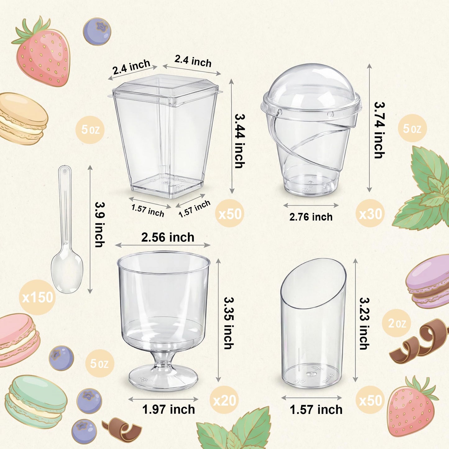 WELLIFE 380 Pack Disposable Dessert Cups with Lids and Spoons 5 oz Mini Plastic Parfait Cups Assortment for DIY Mousse, Pudding, Tiramisu, Home Baking, Birthday Parties & Baby Showers