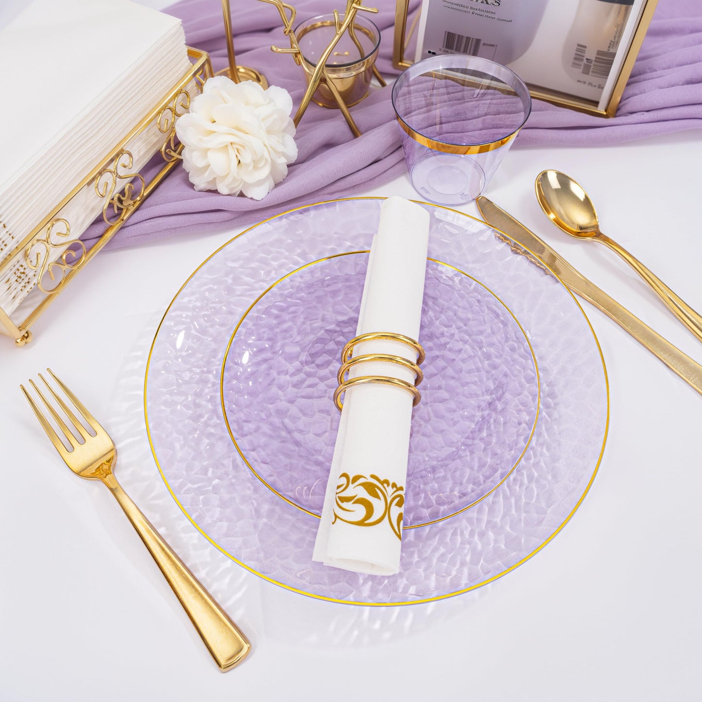 Rubtlamp 175 Pcs Purple Plastic Dinnerware Set (25 Guests), Clear Purple Plates With Gold Rim, Hammered Party Platos, Plates And Cups And Napkins Sets for Wedding, Party&Graduation