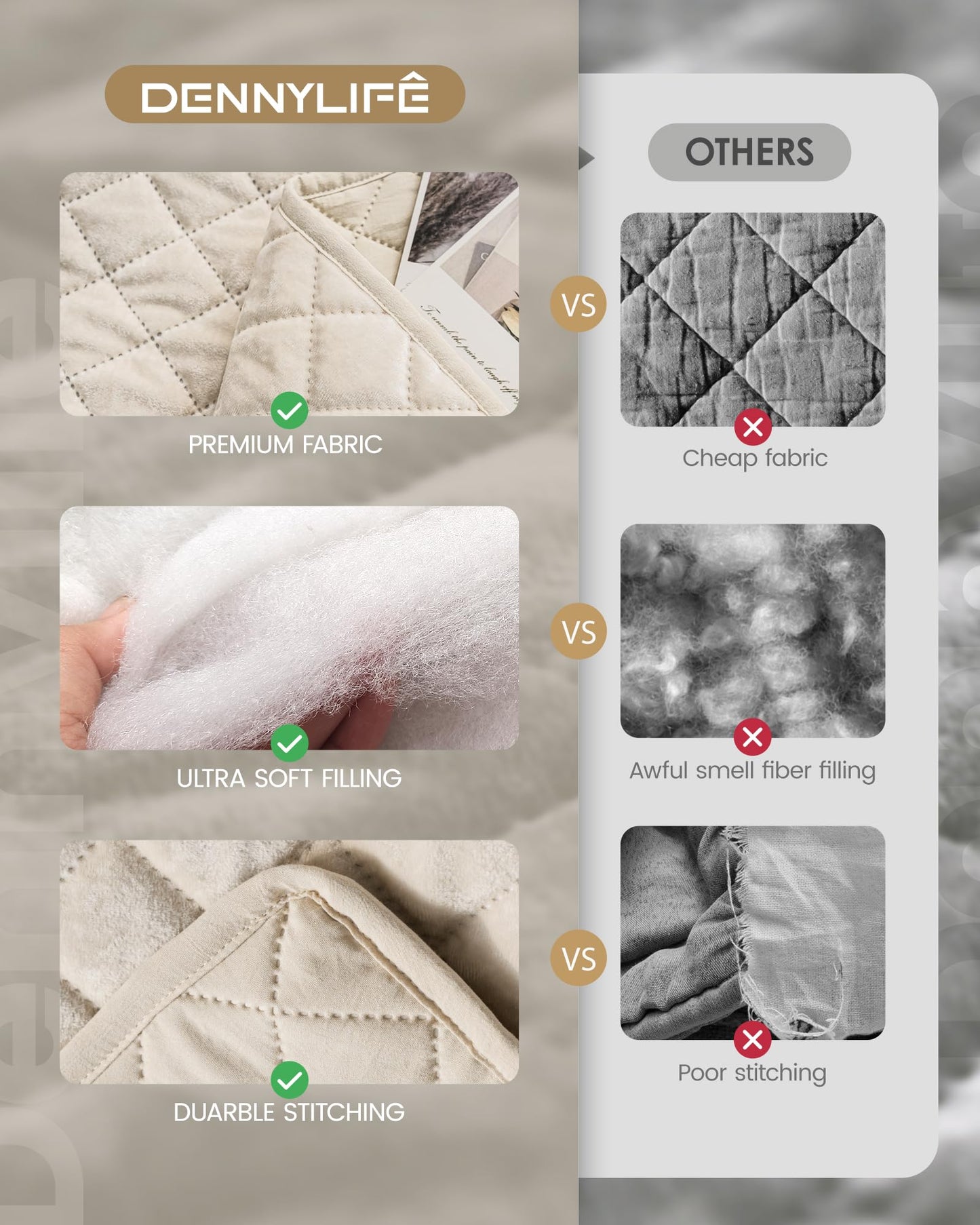 dennylife Luxury Velvet Queen Quilt Set, Ultra Soft Lightweight Cream White Velvet Comforter Set, Oversized Bedspread Coverlet with 2 Pillowcases Diamond Pattern, for All Season (Beige)
