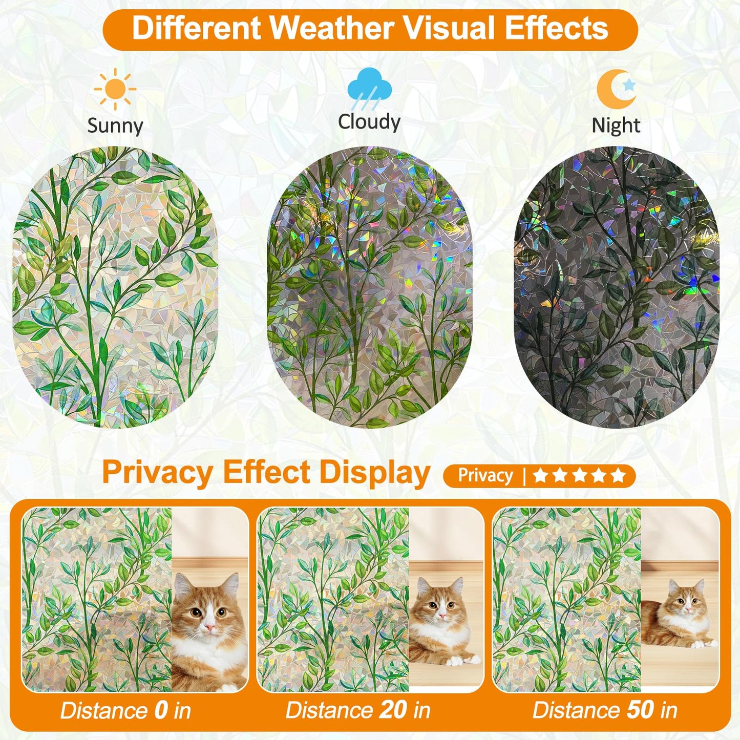 Countewol Window Privacy Film Stained Glass Window Film Rainbow Window Film Window clings Non-Adhesive Reusable Decorative for Room (Leaf Rainbow, 35.4 x 157.4 in)