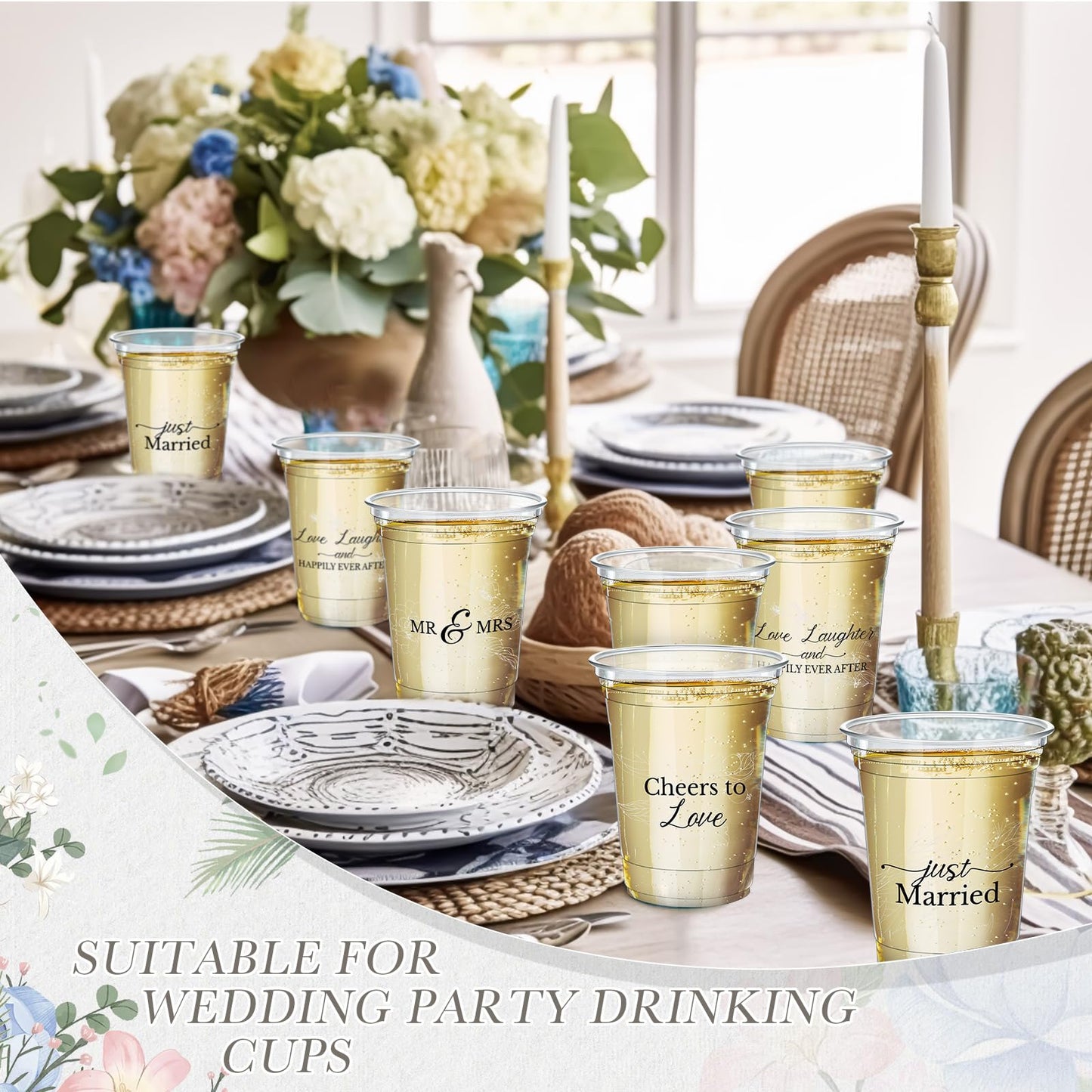 Jingmore 200 Pcs Wedding Plastic Cup 12 oz Wedding Disposable Cups for Reception Thick Clear Cup Happily Ever After Mr and Mrs Just Married Cups for Bridal Shower Decorations (White Floral)