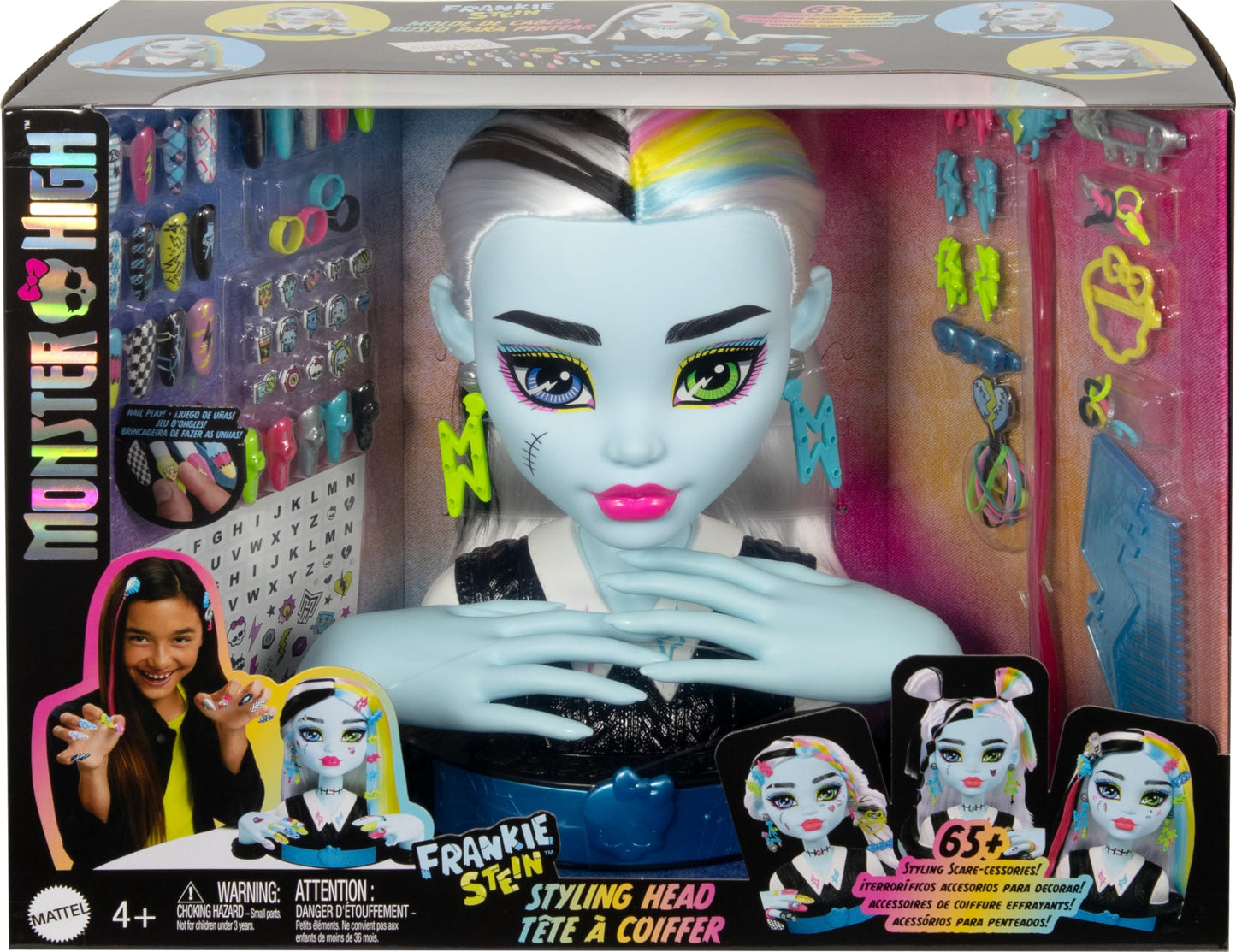 Monster High Frankie Stein Doll Head for Hairstyling with 65+ Accessories Including Wear & Share Nails, Hair Ties, Barrettes & Stickers