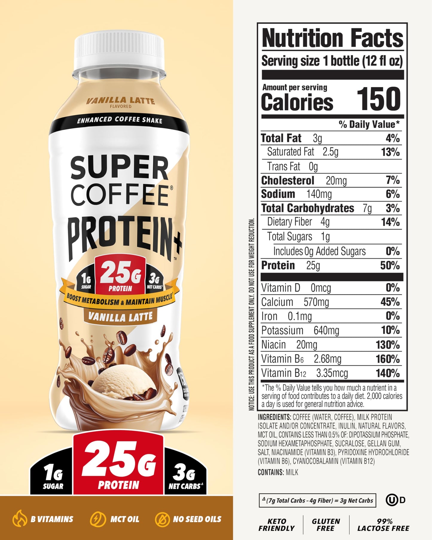SUPER COFFEE Protein+, Keto Protein Coffee (0g Added Sugar, 25g Protein, 150 Calories) [Vanilla] 12 Fl Oz, 12 Pack | Iced Smart Coffee Drinks