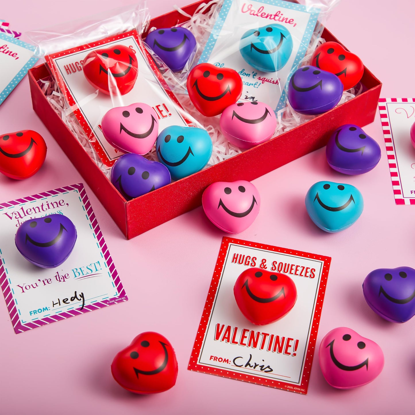 JOYIN 28 Packs Heart Shape Stress Balls with Cards, Stress Relief Fidget Toys for Valentine Party Favors & Classroom Prizes